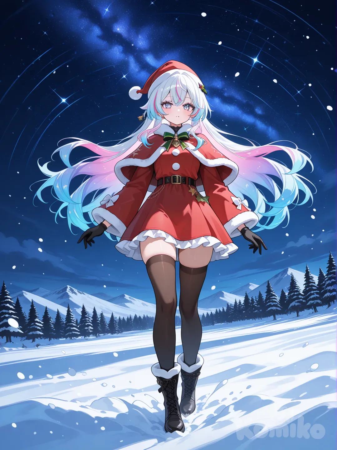 Chica cabello pastel con disfraz de navidad en un entorno con nieve