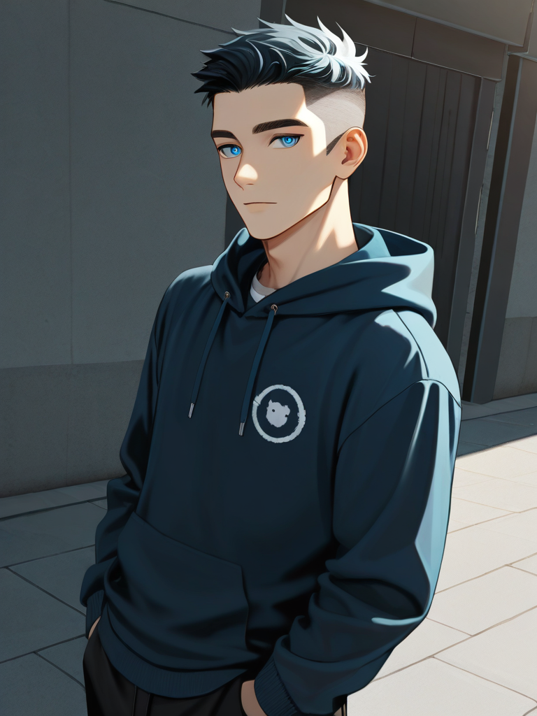 1boy, demon, teenager, tall, black hair, undercut, mullet, blue eyes, dimple