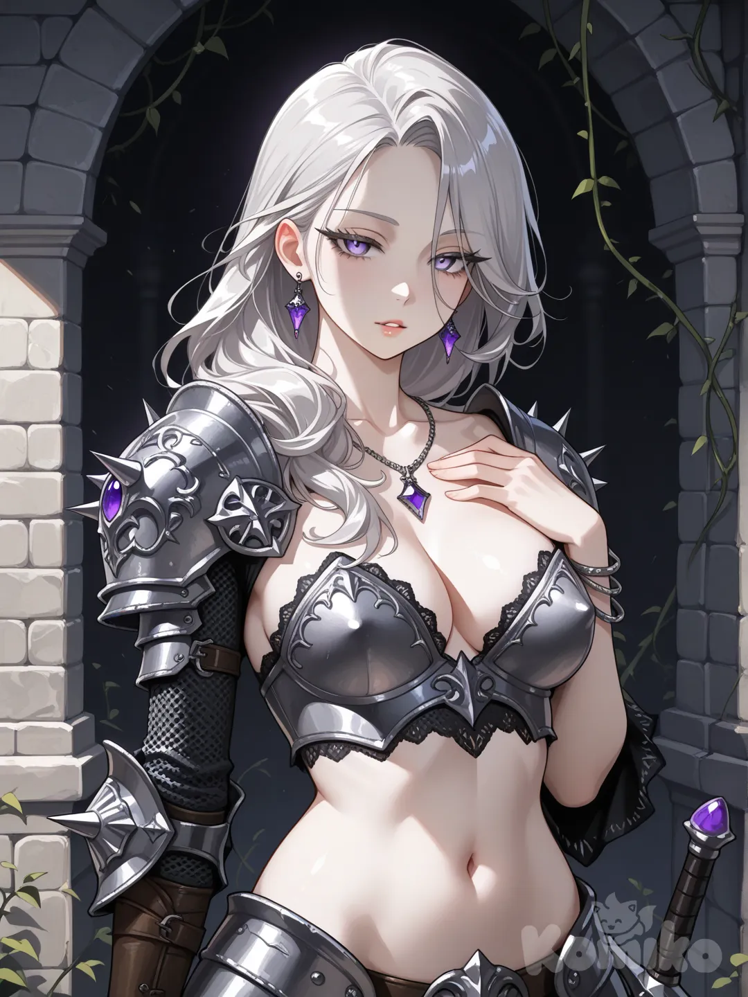 Dark fantasy gothic female warrior, sensual and elegant with pale flawless skin featuring high detail skin texture and subtle veins, silver-gray flowing hair cascading over her shoulders like misty veils and gently tousled by an unseen breeze, soft seductive gaze drawing viewers into her world of shadows, slightly parted lips hinting at whispered secrets with a faint glossy sheen, deep alluring eyes framed by subtle kohl-like shadows and long lashes, feminine curves emphasized tastefully through the armors contours with a soft hourglass silhouette, artistic sensuality radiating from her poised form enhanced by delicate muscle definition, soft erotic elegance in every graceful line blending vulnerability and strength, sensual fantasy aesthetic with subtle erotic elegance without overt exposure, she stands confidently in a dimly lit ancient chamber with faint torchlight flickering across weathered stone walls and pooling shadows on the floor, her powerful feminine presence commanding the space like a queen of forgotten realms, wearing revealing medieval chainmail armor with low-cut design exposing midriff, cleavage, and slightly visible nipples not too revealing, intricate metal details etched with glowing runes that pulse faintly, shoulder pauldrons adorned with subtle spikes and engraved motifs, delicate jewelry of silver chains and amethysts dangling from her neck, wrists, and ears, confident feminine pose with one hand resting on a sheathed sword at her hip and the other lightly touching her collarbone, cinematic soft lighting casting ethereal glow on her features and highlighting the subtle play of light on her exposed skin, dramatic shadows accentuating her contours and creating depth in the folds of her armor, soft depth of field blurring the background into mystery with hints of ancient tapestries and creeping vines, dark textured background of weathered stone, moss-covered arches, and faint mist, high contrast between warm torchlight and cool shadows, moody atmosphere evoking timeless intrigue and forbidden desires, ultra-semi-realistic illustration, professional fantasy illustration, fantasy concept art, quality, 8k fantasy art, closeup portrait.