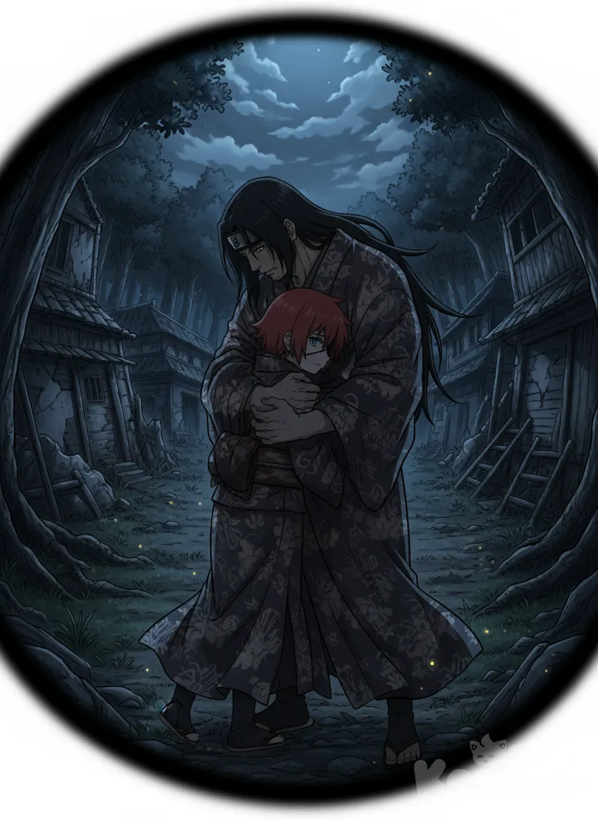 <mimiko-52Vn>, <dvar-Qmlx>, anime screencap, hugging, depressed, kimono, looking away, panoramic lens, night, forest, ruined village