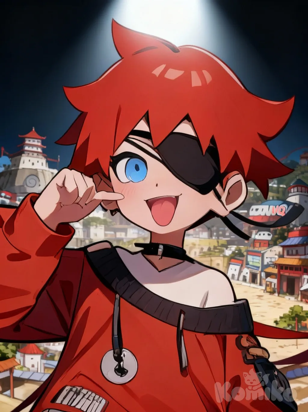 <mimiko-52Vn>, smirk, face pinching, shows tongue , headshot, closeup, top light, konoha village