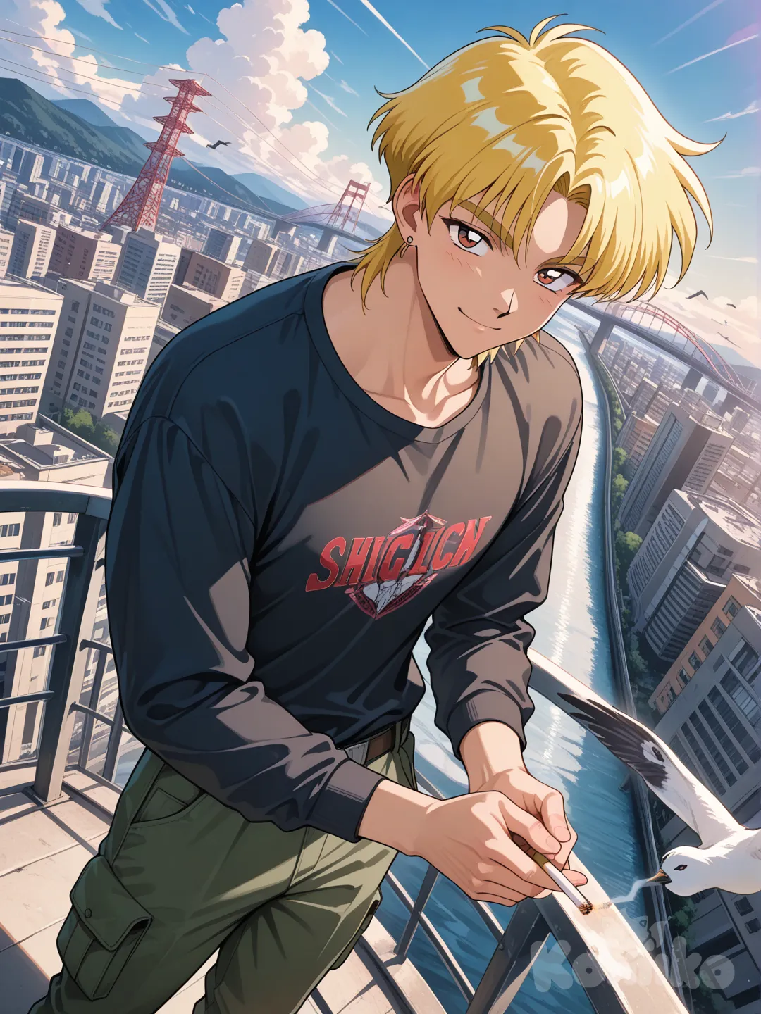 hyper image, great great detail, high detail throughout, 90s anime aesthetic, 1 man, alone, eikichi_onizuka, shirt with sleeves, long sleeves, cargo pants, (short yellow hair), ear piercing, athletic body, eyes, face, limbs, hands, the man is on top of a bridge smoking, greeting the public with a smile and a cigarette, BREAK, in the background, (buildings: 1,2), (clouds), mountains, lines of action, pure passion, signal tower, five vanishing points, rivers, birds
