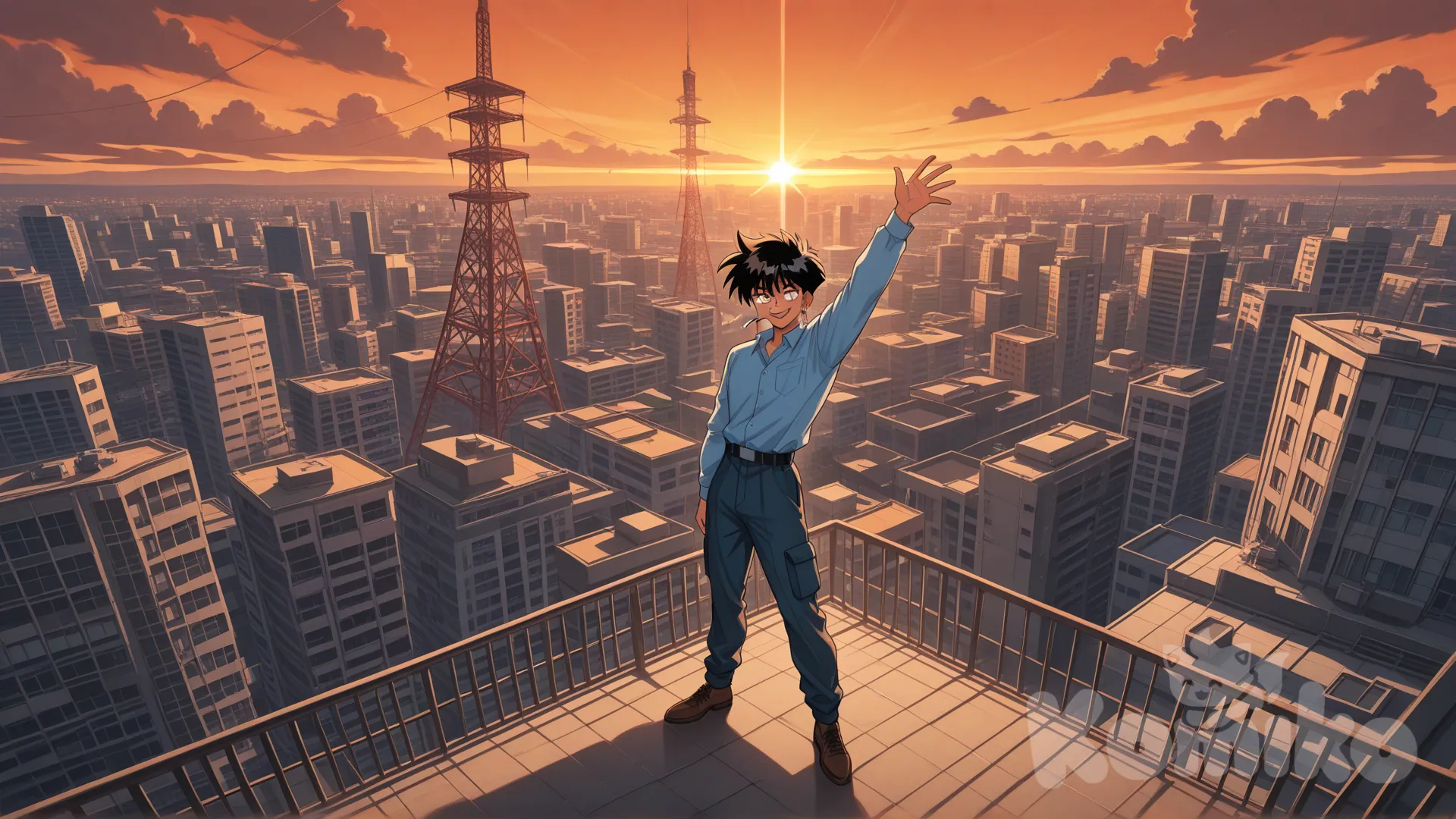 hyperimage, great detail, high level of detail overall, 90s anime aesthetic, 1 man, alone, eikichi_onizuka, shirt with sleeves, long sleeves, cargo pants, (short yellow hair), ear piercing, athletic body, eyes, face, limbs, hands, the man is on top of a school smoking, watching the sunset, rest, a boy, blue student uniform, the student has black hair in a spiky style and brown shoes, smiling face, the student is near a rooftop window, he waves to the man, waves to the man, raising his arm in the air to wave to him, the boy is positioned on the right side of the image away from the man, PAUSE, in the background, (buildings: 1,2), (clouds), mountains, lines of action, pure passion, signal tower, two vanishing points, rivers