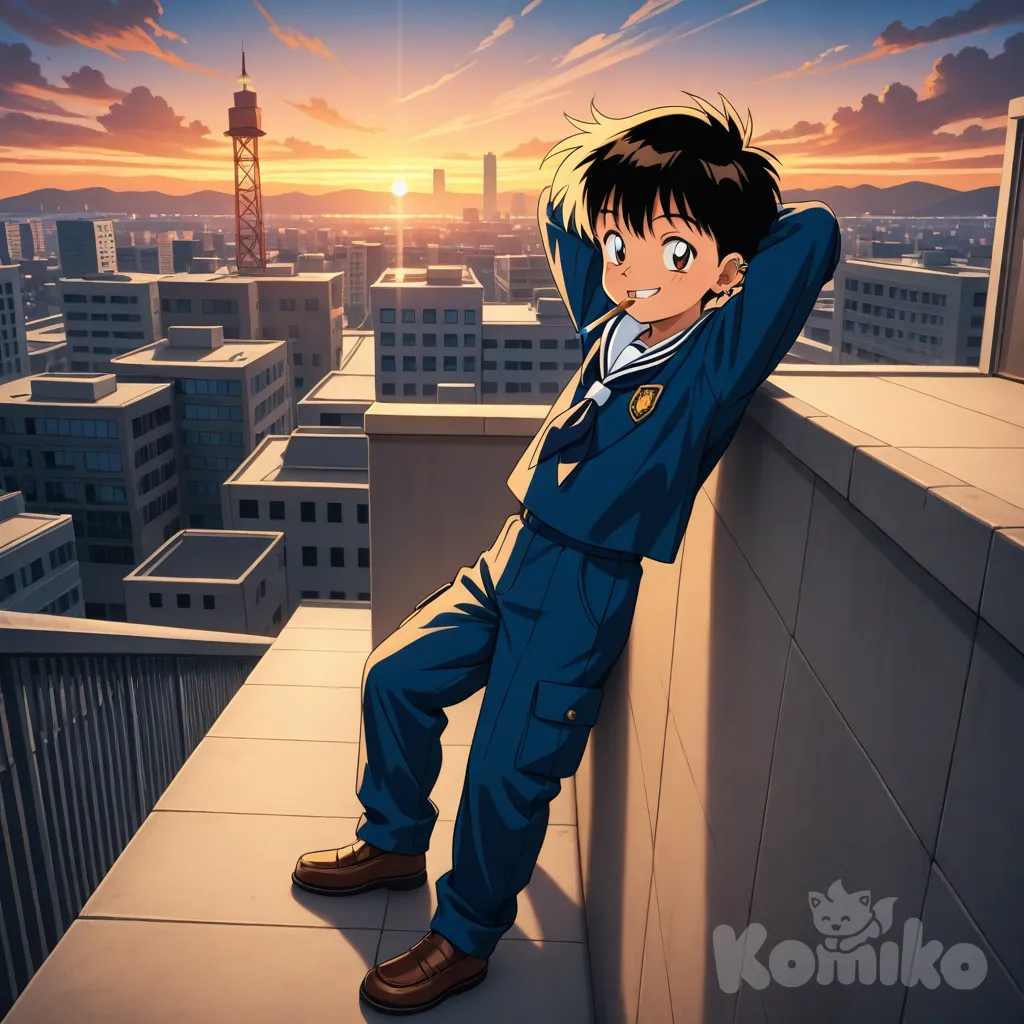 Hyperimage, high detail, overall high level of detail, 90s anime aesthetic, 1 man, alone, eikichi_onizuka, long-sleeved shirt, cargo pants, (short yellow hair), ear piercing, athletic build, eyes, face, limbs, hands, the man is on top of a school, smoking at the edge of the school, watching the sunset, resting.

1 child, blue school uniform, the student has long, layered black hair and brown shoes, smiling face, the student is near the exit of the school rooftop, the child waves to the man, raises his arm in the air to wave and waves, the child is positioned on the right side of the image away from the man, the child stares at the man from a distance.

PAUSE, in the background, (buildings: 1,2), (clouds), mountains, lines of action, pure passion, signal tower, two vanishing points, rivers