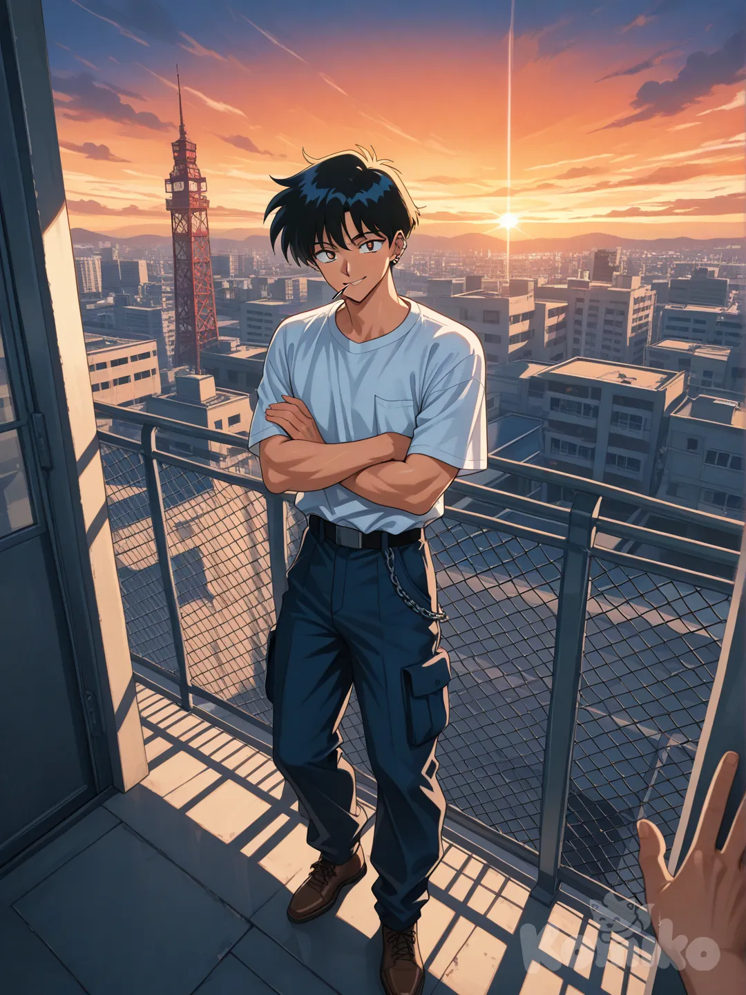 Hyperimage, high level of detail, 90s anime aesthetic, a man, alone, eikichi_onizuka, long-sleeved shirt, cargo pants, (short yellow hair), ear piercing, athletic build, eyes, face, limbs, hands. The man is on a school rooftop, smoking while leaning on the edge of a railing, contemplating the sunset, resting.

A boy, blue school uniform. The student has long, layered black hair and brown shoes. He smiles. The student is on the rooftop far from the man; the boy is right next to the school's rooftop exit. The boy waves to the man, raising his arm in greeting. The boy is located to the right of the image, far from the man. The boy stares at the man from afar.

PAUSE, in the background, (buildings: 1, 2), (clouds), mountains, lines of action, pure passion, signal tower, two vanishing points, rivers.