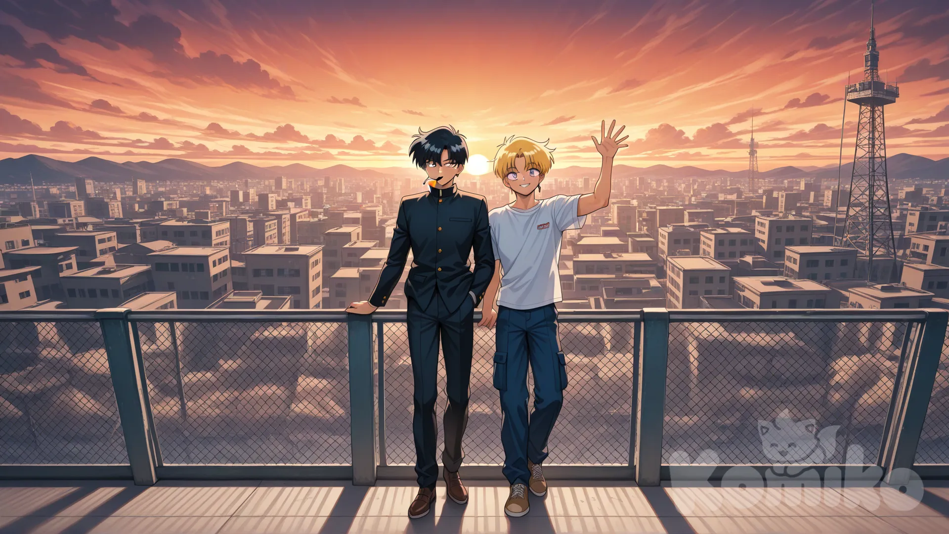 Hyperimage, high level of detail, 90s anime aesthetic, a man, alone, eikichi_onizuka, long-sleeved shirt, cargo pants, (short yellow hair), ear piercing, athletic build, eyes, face, limbs, hands. eikichi_onizuka is on a school rooftop, smoking while leaning on the edge of a railing, contemplating the sunset, resting.

A boy, in a blue school uniform. The student has long, layered black hair and brown shoes. He smiles. The student is on the rooftop, far from the man; the boy is right next to the school's rooftop exit. The boy waves to the man, raising his arm in greeting. The boy is on the right side of the image, far from the man. The boy stares at him from a distance.

PAUSE, in the background, (buildings: 1, 2), (clouds), mountains, lines of action, pure passion, signal tower, two vanishing points, rivers.