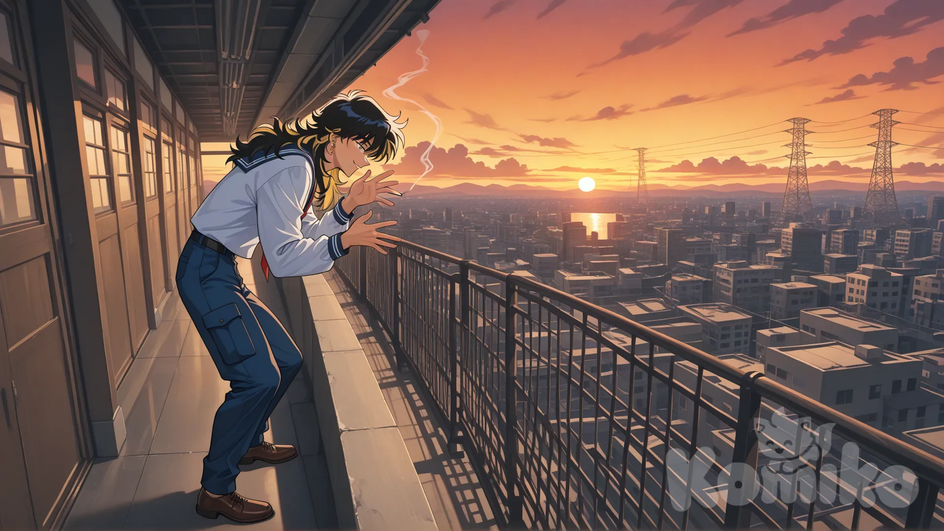 High-resolution image, high level of detail, 90s anime aesthetic, a man, alone, eikichi_onizuka, long-sleeved shirt, cargo pants, (short, yellow hair), ear piercing, athletic build, eyes, face, limbs, hands. eikichi_onizuka is on a school rooftop, smoking while leaning on the edge of a railing, watching the sunset, relaxing. A boy, wearing a blue school uniform. The student has long, layered black hair and brown shoes. He smiles. The boy is on the rooftop, far from the man, right next to the building's rooftop exit. The boy waves to the man, raising his arm in greeting. The boy is on the right side of the image, far from the man. The boy stares at him from a distance. PAUSE, in the background, (buildings: 1, 2), (clouds), mountains, lines of action, pure passion, signal tower, two vanishing points, rivers.
