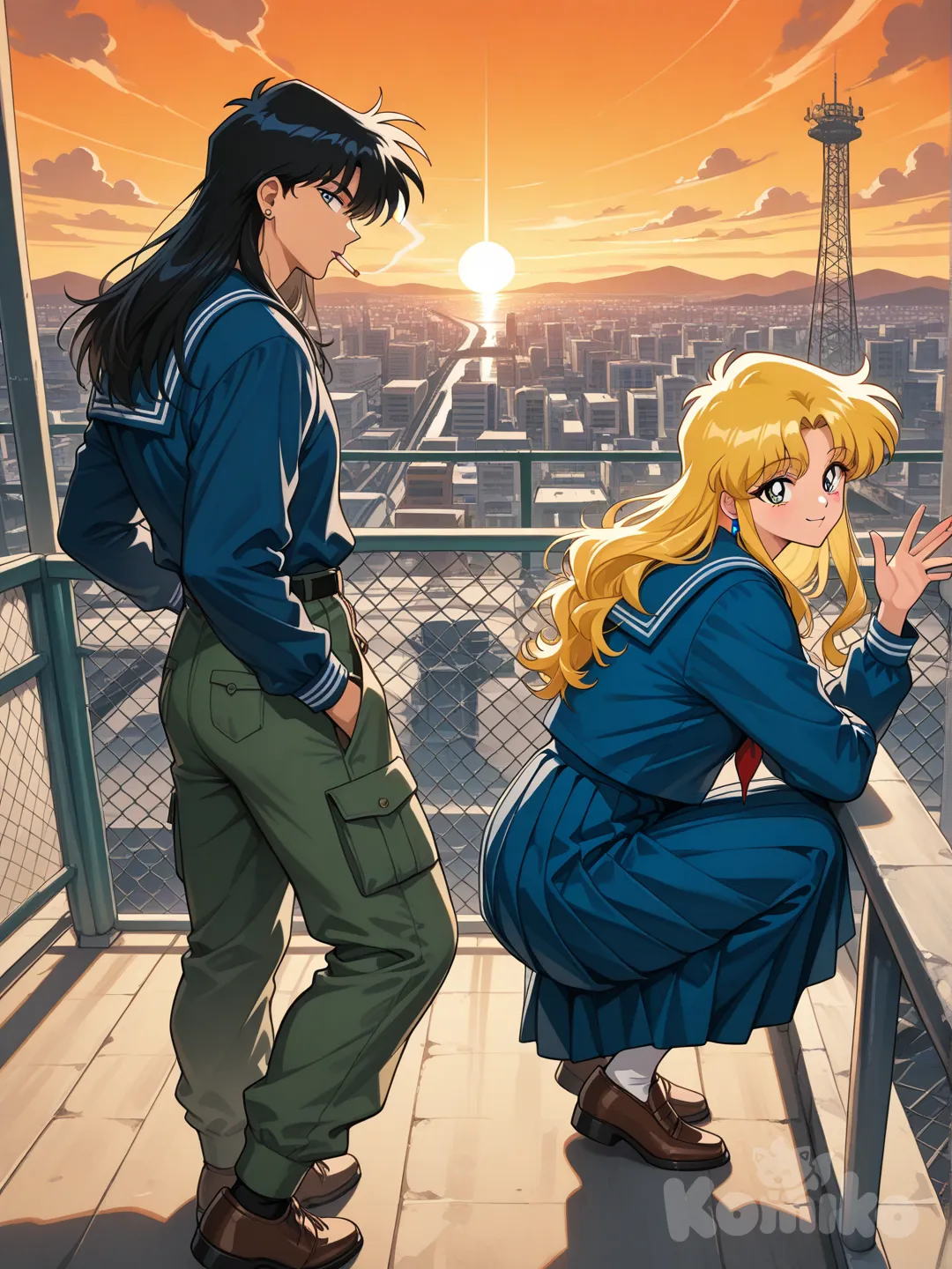 High-resolution image, high level of detail, 90s anime aesthetic, a man, alone, eikichi_onizuka, long-sleeved shirt, cargo pants, (short, yellow hair), ear piercing, athletic build, eyes, face, limbs, hands. eikichi_onizuka is on a school rooftop, smoking while leaning his arms on the edge of a railing, watching the sunset, relaxing. A young man, wearing a blue school uniform. The student has long, layered black hair and brown shoes. He is smiling. The young man is on the rooftop away from eikichi_onizuka, he is meters away from him on the roof of the building. The young man waves to eikichi_onizuka, raising his arm in greeting. The child is on the right side of the image, away from the man. The child stares at him from a distance. PAUSE, in the background, (buildings: 1, 2), (clouds), mountains, lines of action, pure passion, signal tower, two vanishing points, rivers.