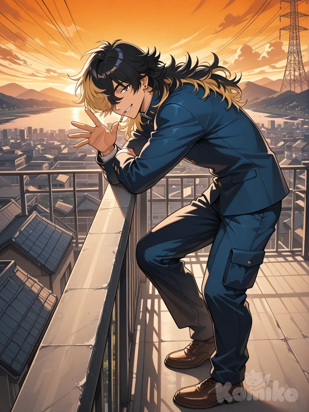 High-resolution image, high level of detail, 90s anime aesthetic, a man, alone, eikichi_onizuka, long-sleeved shirt, cargo pants, (short, yellow hair), ear piercing, athletic build, eyes, face, limbs, hands. eikichi_onizuka is on a school rooftop, smoking while leaning his arms on the edge of a railing, watching the sunset, relaxing. A young man, wearing a blue school uniform. The student has long, layered black hair and brown shoes. He is smiling. The young man is on the rooftop away from eikichi_onizuka, he is meters away from him on the roof of the building. The young man waves to eikichi_onizuka, raising his arm in greeting. The child is on the right side of the image, away from the man. The child stares at him from a distance. PAUSE, in the background, (buildings: 1, 2), (clouds), mountains, lines of action, pure passion, signal tower, two vanishing points, rivers.