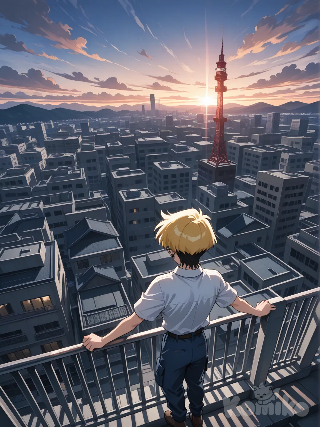 High-resolution image, high level of detail, 90s anime aesthetic, a man, alone, eikichi_onizuka, long-sleeved shirt, cargo pants, (short, yellow hair), ear piercing, athletic build, eyes, face, limbs, hands. eikichi_onizuka is on a school rooftop, smoking while leaning his arms on the edge of a railing, watching the sunset, relaxing. A young man, wearing a blue school uniform. The student has long, layered black hair and brown shoes. He is smiling. The young man is on the rooftop away from eikichi_onizuka, he is meters away from him on the roof of the building. The young man waves to eikichi_onizuka, raising his arm in greeting. The child is on the right side of the image, away from the man. The child stares at him from a distance. PAUSE, in the background, (buildings: 1, 2), (clouds), mountains, lines of action, pure passion, signal tower, two vanishing points, rivers.