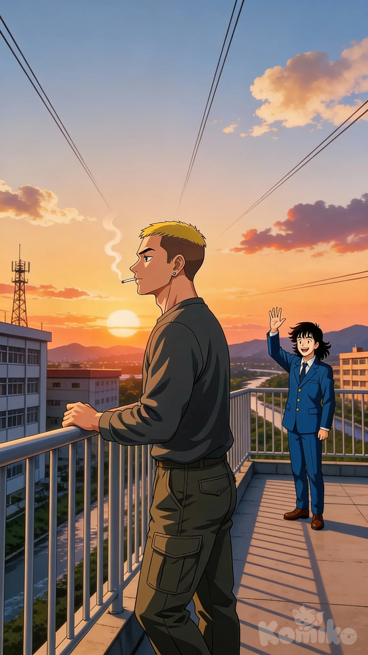 High-resolution image, high level of detail, 90s anime aesthetic, a man, alone, eikichi_onizuka, long-sleeved shirt, cargo pants, (short, yellow hair), ear piercing, athletic build, eyes, face, limbs, hands. eikichi_onizuka is on a school rooftop, smoking while leaning his arms on the edge of a railing, watching the sunset, relaxing. A young man, wearing a blue school uniform. The student has long, layered black hair and brown shoes. He is smiling. The young man is on the rooftop away from eikichi_onizuka, he is meters away from him on the roof of the building. The young man waves to eikichi_onizuka, raising his arm in greeting. The child is on the right side of the image, away from the man. The child stares at him from a distance. PAUSE, in the background, (buildings: 1, 2), (clouds), mountains, lines of action, pure passion, signal tower, two vanishing points, rivers.