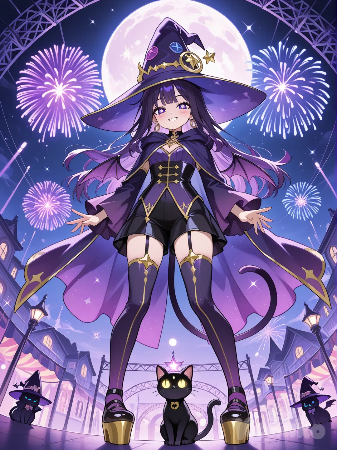 nime-styled magical circus scene at night. A teenage witch named Luna stands confidently on a floating circus platform under a glowing full moon. She has long flowing dark-purple hair, bright violet eyes, and a playful but powerful smile. Her outfit is a stylish black-and-purple witch performer costume with gold accents and a short cloak that flutters in the wind. Small sparkle magic symbols glow faintly around her.

A cute black cat Nimbus floats beside her with tiny bat wings and glowing golden eyes — mischievous expression, tail curling.

Behind them: a huge mysterious circus tent with neon magical lights, floating hoops of glowing starlight, and colorful magical fireworks.

Art style: high-quality anime, vibrant colors, dynamic lighting, slightly retro fantasy circus vibe. Crisp details, clean line art, dramatic spotlight from below.

Mood: adventurous, magical, and playful — not dark or scary.