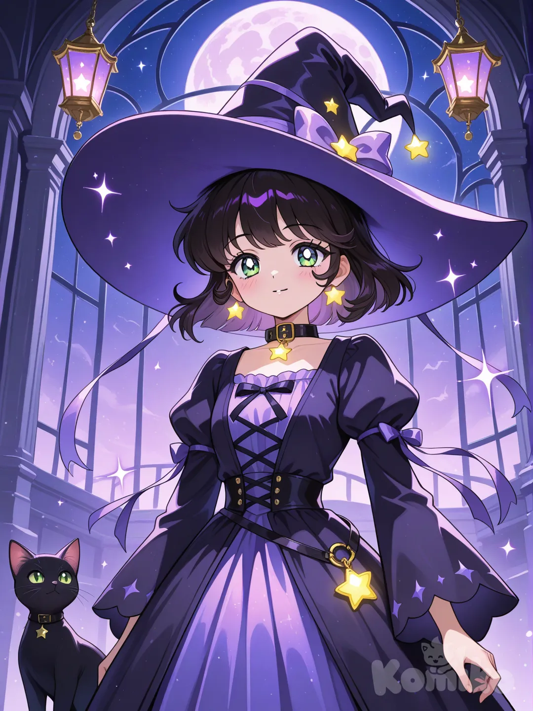 “Anime-style magical circus at night with glowing purple and gold lights. Luna, a cute dark-haired witch with a flowing black and violet dress and big hat, stands confidently beside her black cat Nimbus, who has bright green eyes and a tiny star charm on his collar. The two are center stage under a glowing moon, surrounded by floating sparkles, hanging lanterns, and swirling arcane energy ribbons. Retro-fantasy vibe, rich purples and golds, dreamy and mystical atmosphere — anime illustration, cinematic composition.”