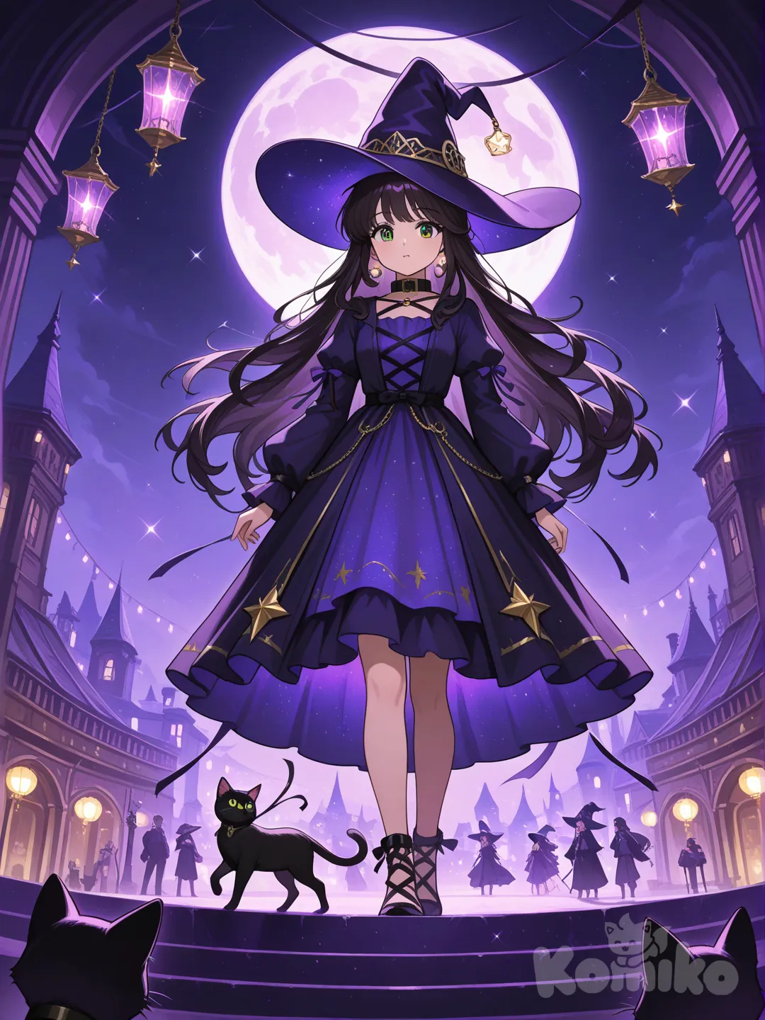 “Anime-style magical circus at night with glowing purple and gold lights. Luna, a cute dark-haired witch with a flowing black and violet dress and big hat, stands confidently beside her black cat Nimbus, who has bright green eyes and a tiny star charm on his collar. The two are center stage under a glowing moon, surrounded by floating sparkles, hanging lanterns, and swirling arcane energy ribbons. Retro-fantasy vibe, rich purples and golds, dreamy and mystical atmosphere — anime illustration, cinematic composition.”