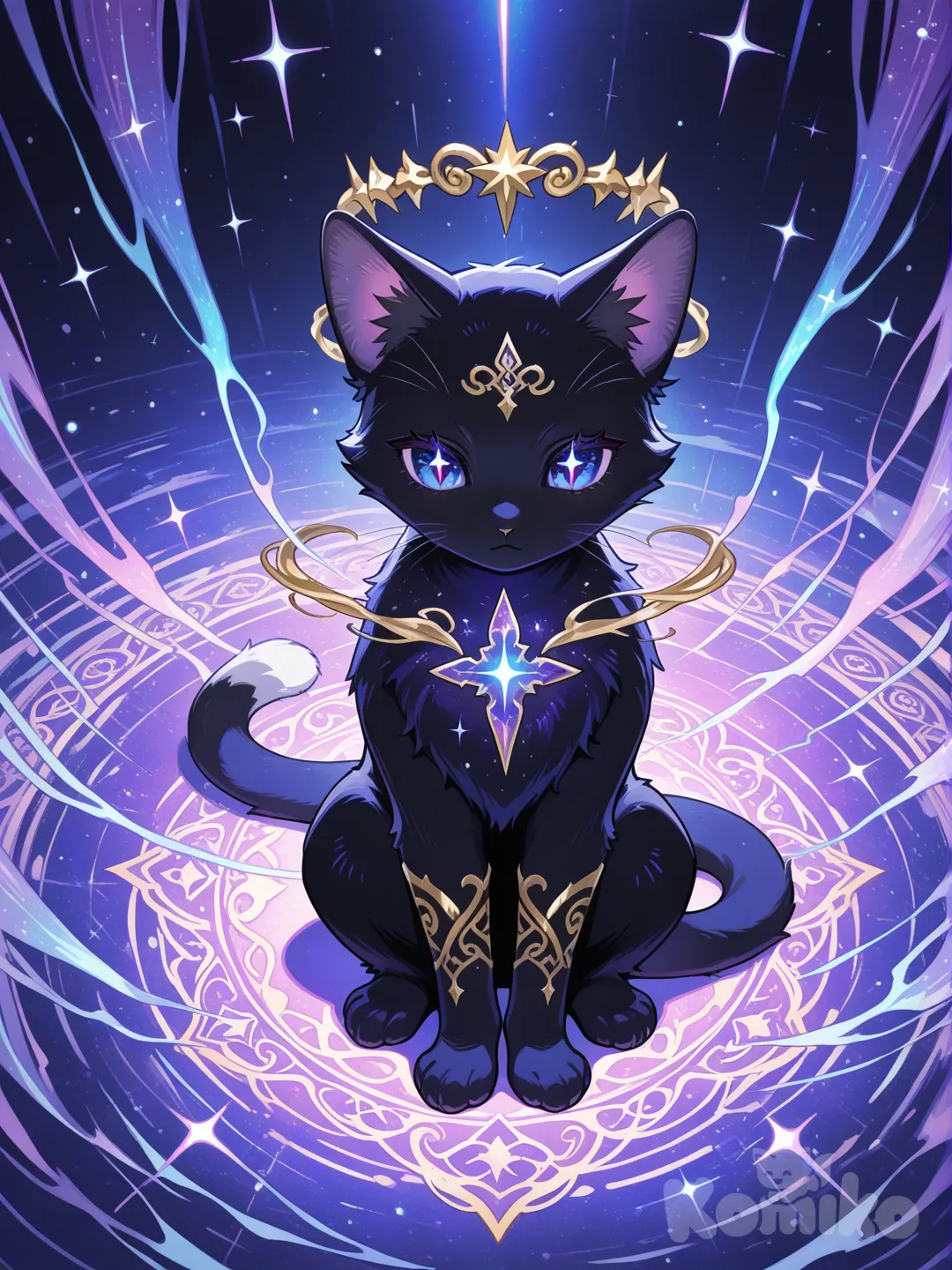 :

A majestic black cat sitting gracefully at the center of a glowing, swirling magical vortex — “WishWirl” energy spirals around it like stardust and mist. The cat’s eyes shimmer with galaxies inside them, reflecting mystery and magic. Soft, ethereal light beams down from above, illuminating its fur with hints of violet and silver. Floating runes and sparkles drift around in the air. The atmosphere feels enchanting, mysterious, and full of wonder — like the moment just before a wish comes true. Background fades into dreamy cosmic colors — purples, blues, and golds. Art style: fantasy illustration, painterly lighting, game splash screen.