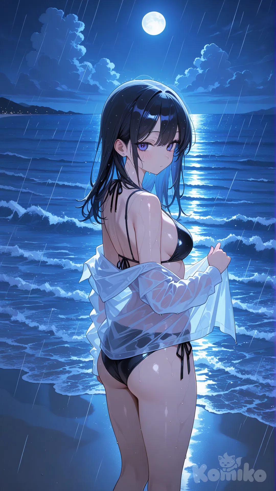 1girl in the beach, night, rain