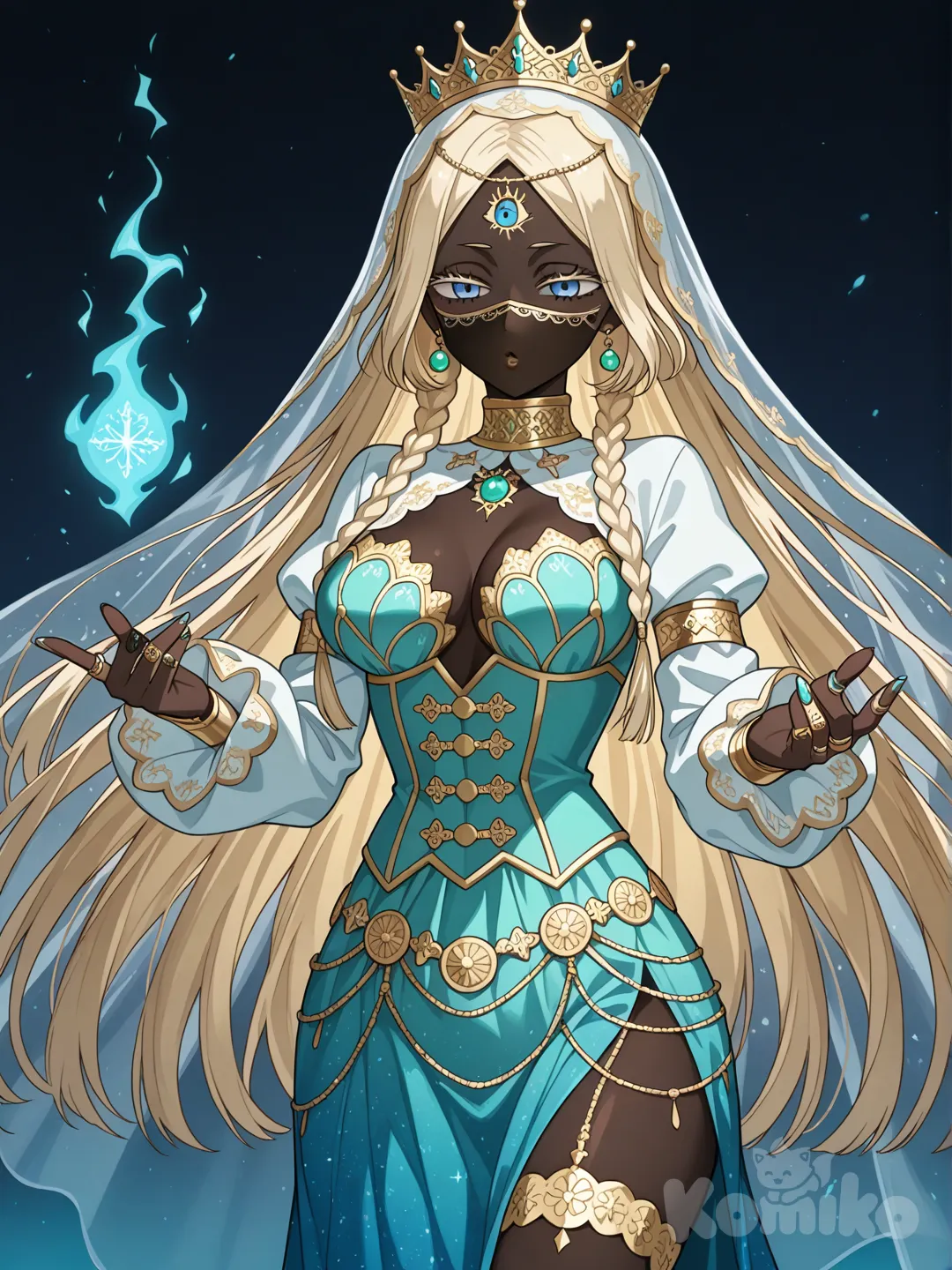 Black Clover screen cap of oc , chocolate ebony dark-skinned female, bright pale blue eyes and blonde lashes , big round pouty lips to empathize glossy and brown and dark brown lip liner around lip , fully pale blonde hair no bangs and silk press and middle part , wearing • A form-hugging gown in deep teal fading into ocean blue, magical fabric that moves like water
• High slits on both sides (mid-thigh) so she can walk, fight, or glide effortlessly—elegant but dangerous
• The bodice is structured and regal, almost armor-like but soft, with subtle rune embroidery stitched in gold thread
• Long sleeves that slightly flare at the wrists, lined with faint glowing sigils when she prophesies
𓆩 ✧ 𓆪 Scarf + Veil Layering
• A long, flowing scarf wrapped around her head and shoulders, cascading all the way down her back like a river
• Over her face: a sheer veil in pale aqua, translucent enough to see her eyes but still mysterious
• A gold veil mask over her mouth (delicate filigree, crescent and star motifs) — symbolic of:
• wisdom
• silence
• words that carry power
• The veil moves when she speaks prophecy, almost reacting to magic ✨
𓆩 ✧ 𓆪 Gold Jewelry
• Forehead chain (center jewel resting between her brows = third-eye symbolism)
• Long gold drop earrings with teal gems
• Arm cuffs engraved with ancient prophecy language
• Thin waist chain resting low on her hips, catching the light when she walks
• Rings on almost every finger—each tied to a vision she’s survived
𓆩 ✧ 𓆪 Hair Styling
• Hair is long, thick, and dark (or deep blue-black)
• Styled in a half-braided crown:
• small, tight braids frame the sides of her head
• the rest flows straight down her back, glossy and heavy
• A few loose strands fall in front of her ears—softening the power
• Gold beads or charms woven into some braids, softly clinking when she moves
𓆩 ✧ 𓆪 Overall Vibe
• She doesn’t speak often.
• When she does, rooms go silent.
• She looks like a vision before she ever gives one.
very Black Clover royal, very divine feminine, very “chosen by fate but still human