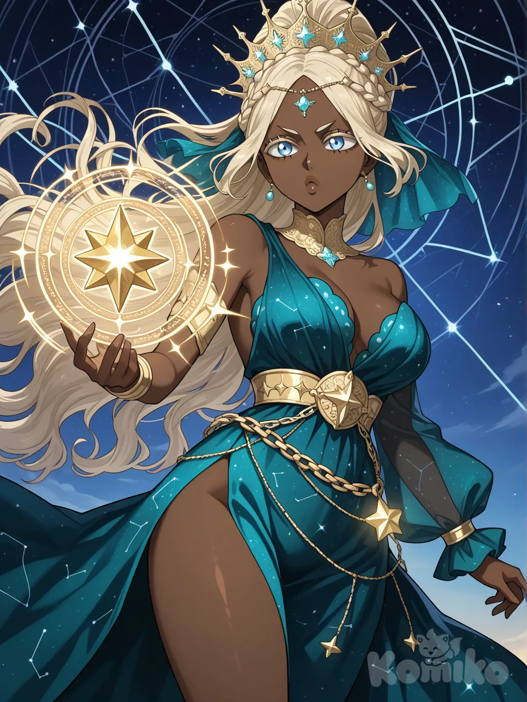 Black Clover screen cap of oc , chocolate ebony dark-skinned female, bright pale blue eyes and blonde lashes , big round pouty lips to empathize glossy and brown and dark brown lip liner around lip , fully pale blonde hair no bangs and silk press and middle part , wearing OUTFIT III — Foreign Star Empress

Silhouette
 • Asymmetrical teal gown, one shoulder bare
 • Diagonal slit cutting across the thigh—bold but sacred
 • Soft veil cascading from crown to mid-back

Fabric
 • Star-dust velvet that looks almost unreal
 • Lining glows faintly, like she’s carrying galaxies beneath the cloth

Hair
 • Half-up celestial crown braid
 • Loose lengths are slightly waved, like gravity pulling gently
 • Gold cuffs placed unevenly—foreign royalty doesn’t follow rules
Hair
 • High braided ponytail, long and heavy
 • Small star charms woven throughout
 • Strands frame her face—soft, controlled power

⸻

✦ CROWN / HEADDRESS (FOREHEAD CROWN COMBO) ✦

This is her signature 👑✨
 • A gold celestial headdress that wraps around the back of her head
 • A forehead crown drops down to the center of her brow
 • Main jewel: a teardrop star crystal (represents past, present, future)
 • Thin chains drape into her hair like constellations
 • Veil attaches seamlessly beneath it, floating instead of resting

It doesn’t sit on her head — it chooses her.

⸻

✦ Overall Presence ✦
 • She moves like time slows for her.
 • Her silence feels older than kingdoms.
 • People don’t know where she’s from—only that she’s not from here. IN SCENE DOING STAR COSTELLATION MAGIC INS CEN OF BLACK CLOVER with night sky with stars