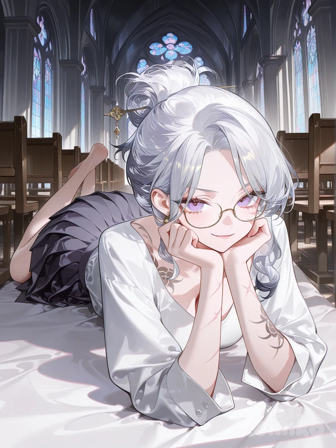 @gabriel-varuichi-Dg6y, bohemian shirt, pleated skirt, spiky hair, bun, hairpin, earrings, glasses, [high-gloss-illustration-style], smirk, church, lie on stomache