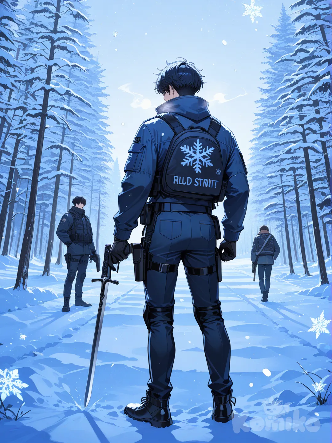 2boys, holding sword, holding gun, suit, snowy