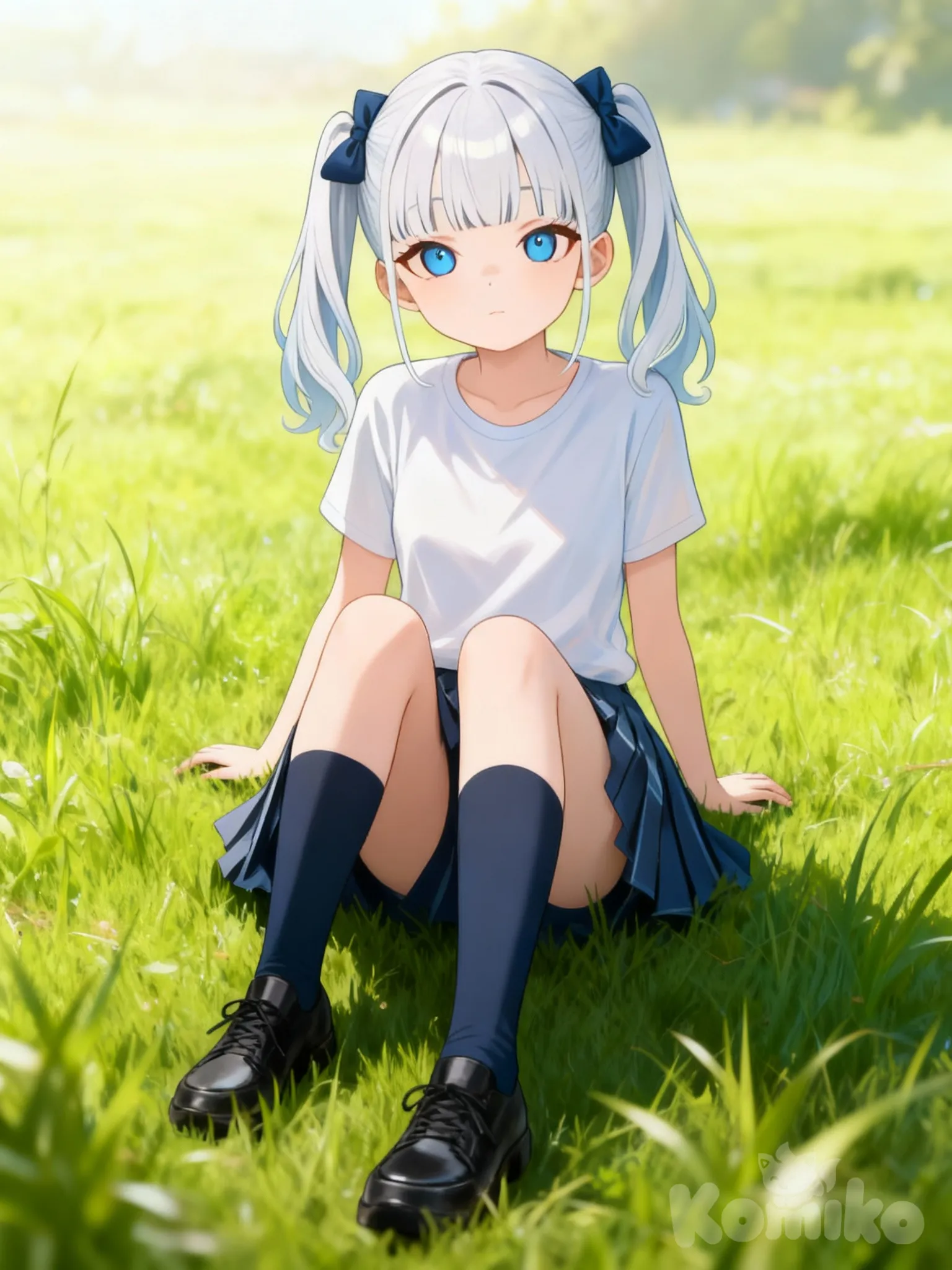 @yuki-shiro-T4ul, sitting on the ground, pleated skirt, twin tails, t-shirt, full body, ambient light, grassland