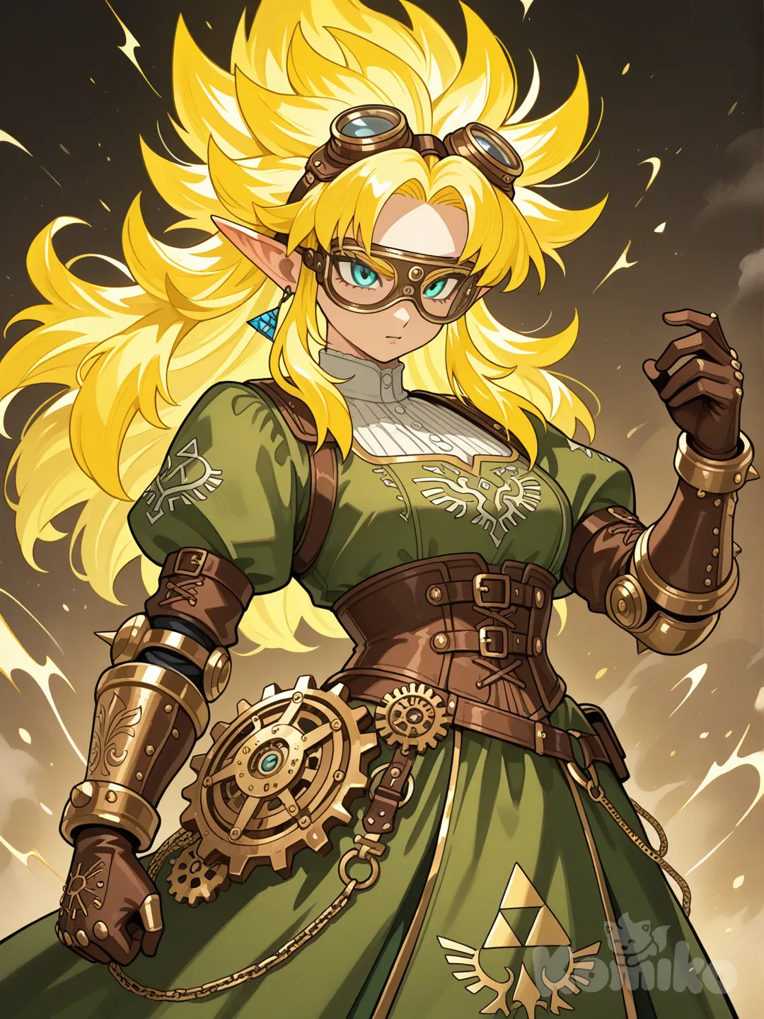 Personaje femenino estilo zelda y link mezclado, con estilo de super sayajin steampunk