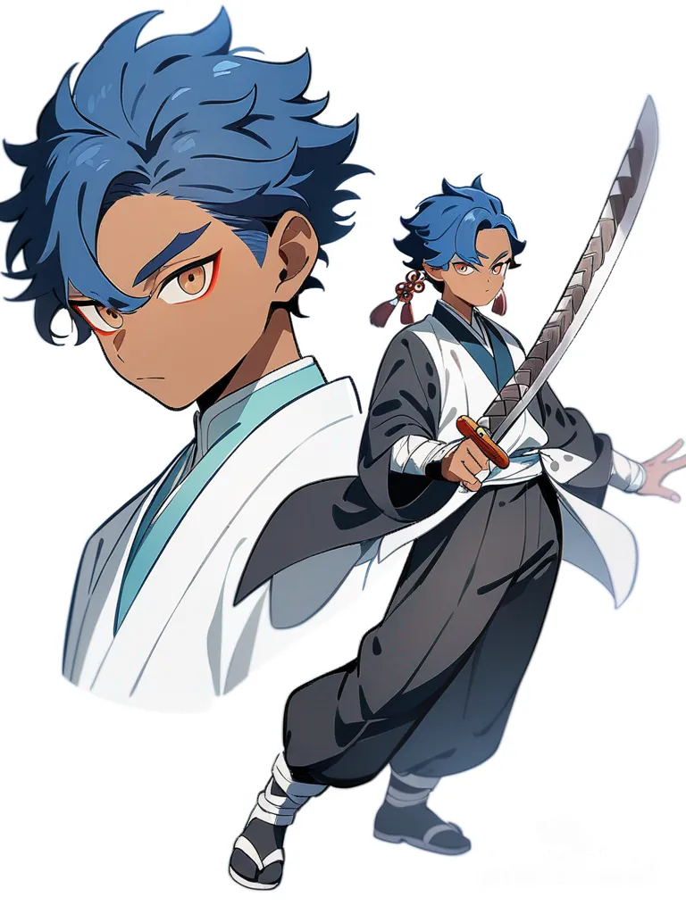 1boy, Demon Slayer, high school boy, striking blue hair, original character, teenager, tall, brown eyes, dimple, tan skin, single character, full body, looking at viewer, anime style, simple background, white background