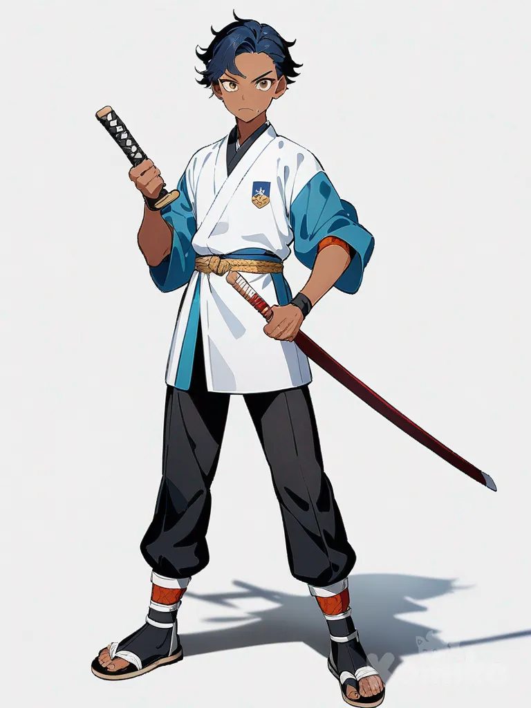 1boy, Demon Slayer, high school boy, striking blue hair, original character, teenager, tall, brown eyes, dimple, tan skin, single character, full body, looking at viewer, anime style, simple background, white background
