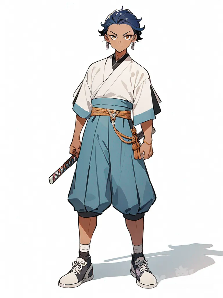 1boy, Demon Slayer, high school boy, striking blue hair, original character, teenager, tall, brown eyes, dimple, tan skin, single character, full body, looking at viewer, anime style, simple background, white background