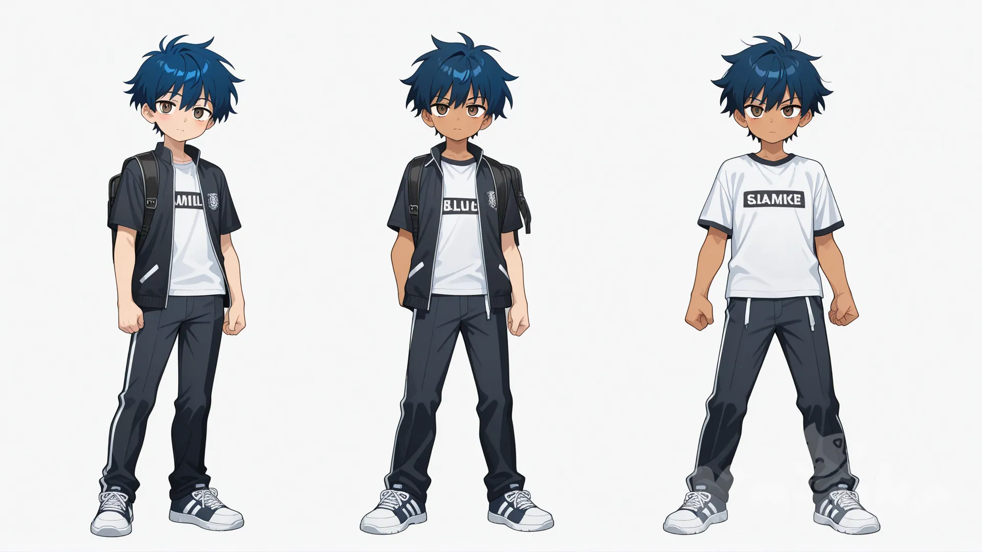 slayer, high school boy, original character, striking blue hair, teenager, tall, brown eyes, dimple, tan skin, single character, full body, looking at viewer, anime style, simple background, white background, flat anime style