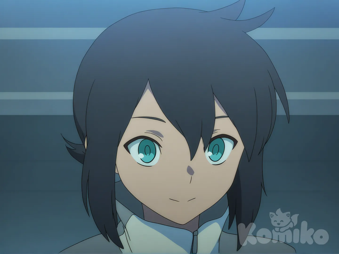 Blue thunderbolts coming out of his eyes. and the background is black with Blue thunderbolts and there's thunderbolts Blue going around his body. and he has a Bluethunderbolt path falling him as he runing. She has a thunderbolt High School Track uniform on. , [flat-anime-style]