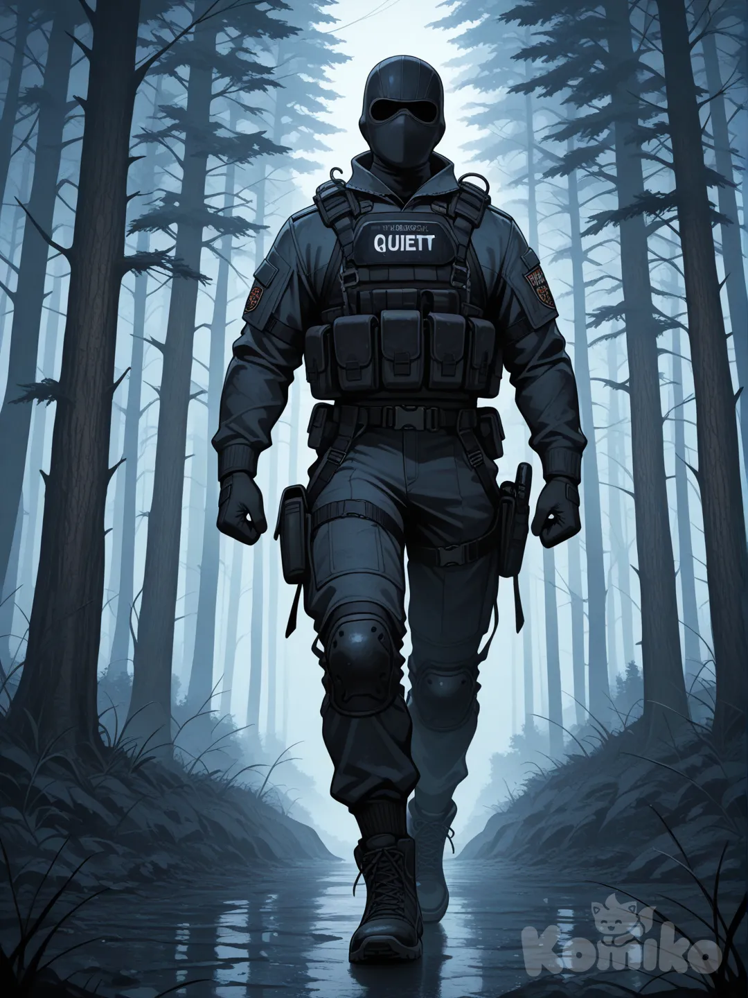 gritty anime military character guy. He is wearing a dark, tactical balaclava that fully covers his face, revealing only his **calm, piercing eyes** which convey a sense of quiet determination. The character is depicted in a **dynamic walking pose**, striding purposefully and stealthily through a **dense, dark, and atmospheric forest**. The environment should feature tall, ancient trees casting deep shadows, with subtle hints of mist or fog swirling around his feet. Emphasize the contrast between the dark forest and the character's presence. Full body shot, high detail, cinematic lighting, anime art style, moody atmosphere.