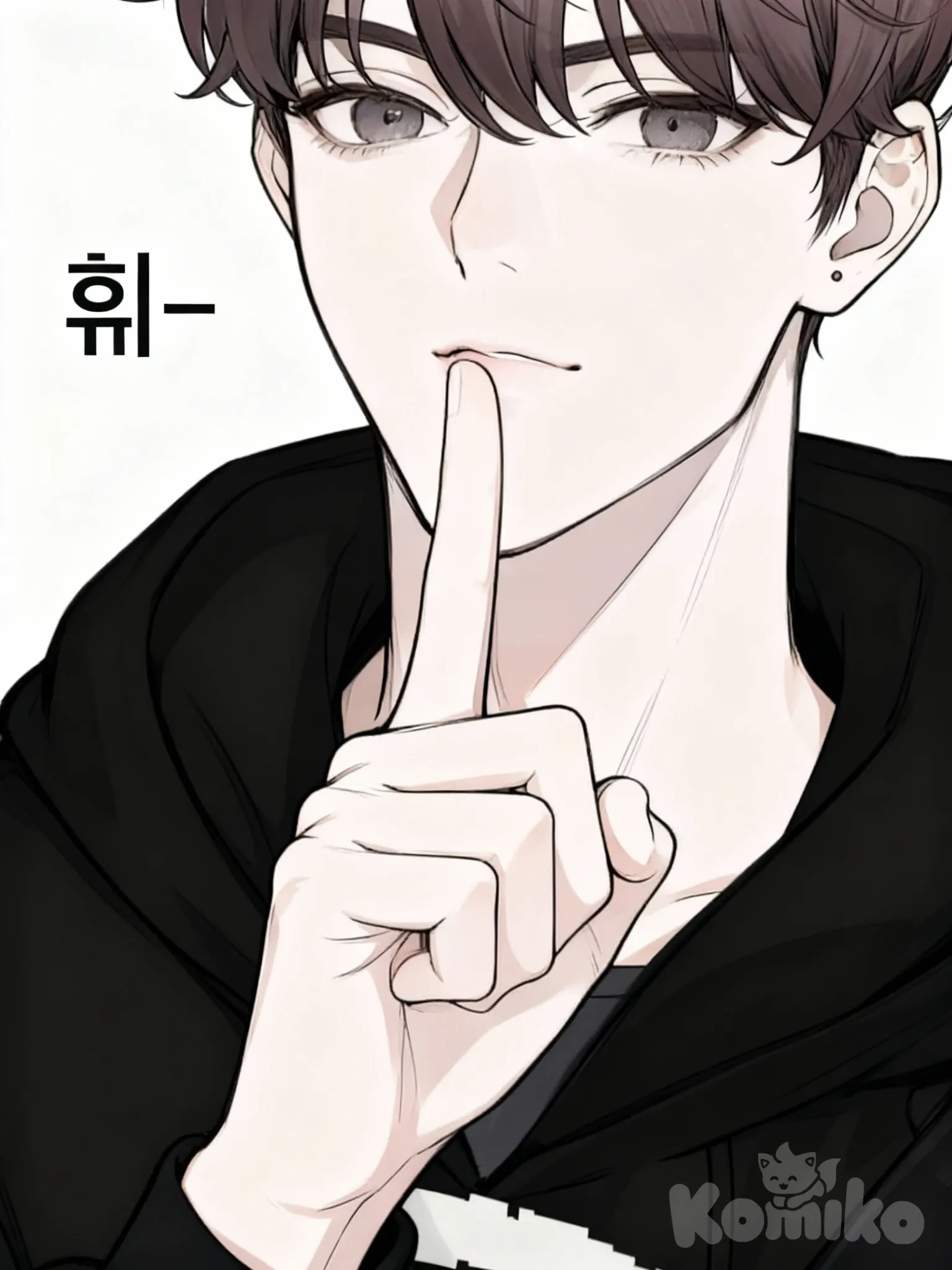 right hand with index finger pressed vertically to the center of the lips in a shushing gesture, other fingers gently curled, Korean character "쉿-" in the upper left, minimalist, clean line art, high detail., 1000002489