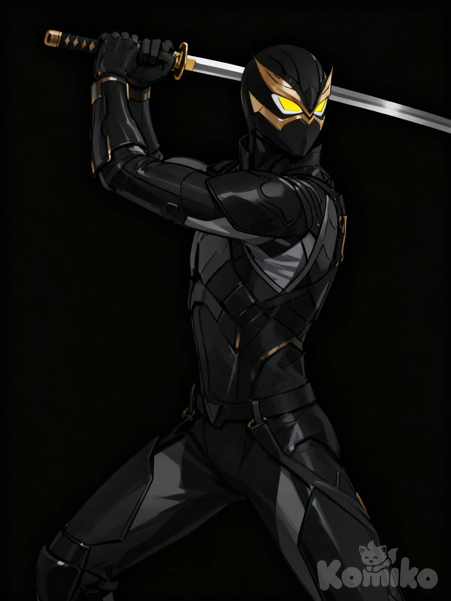 full body, looking away, Both hands are holding a katana., 1000002497