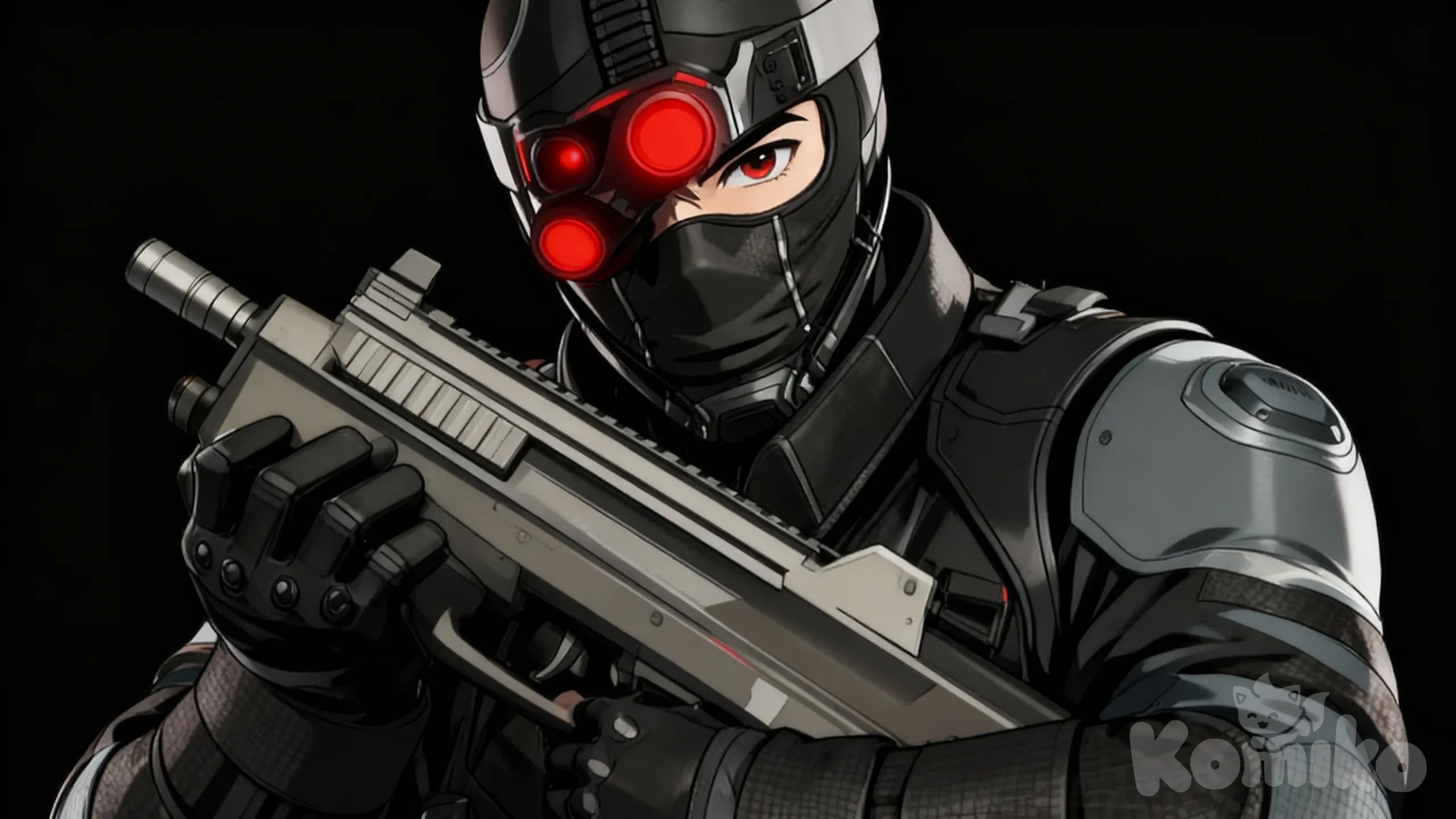 1000002575 , closeup, looking at viewer, He holds a rifle in his hands,The manhwa style