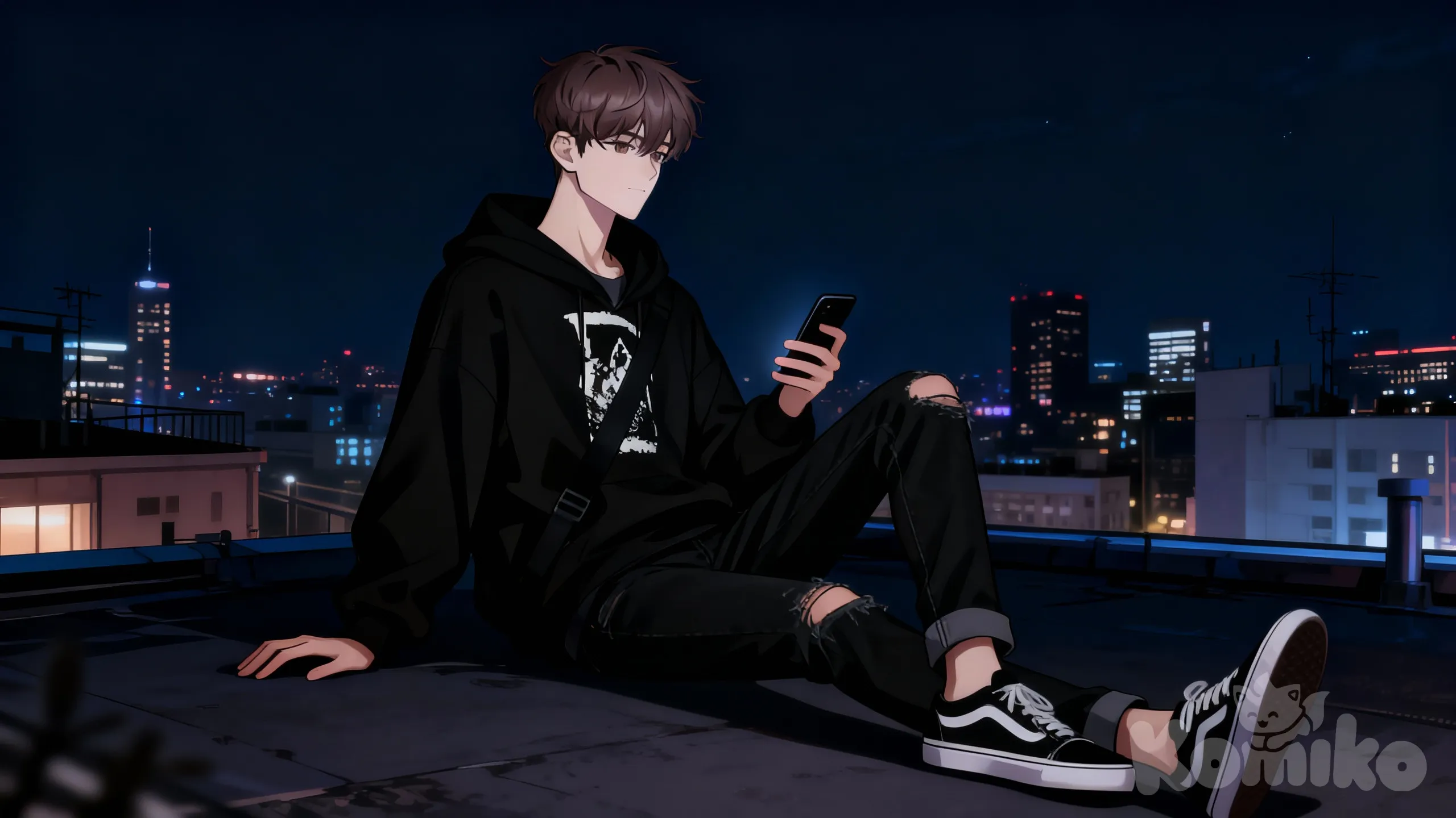 1000002738, sitting on the ground, calm, Holding a phone in his hand, his other hand lying on the ground, Sitting on the roof, Night city