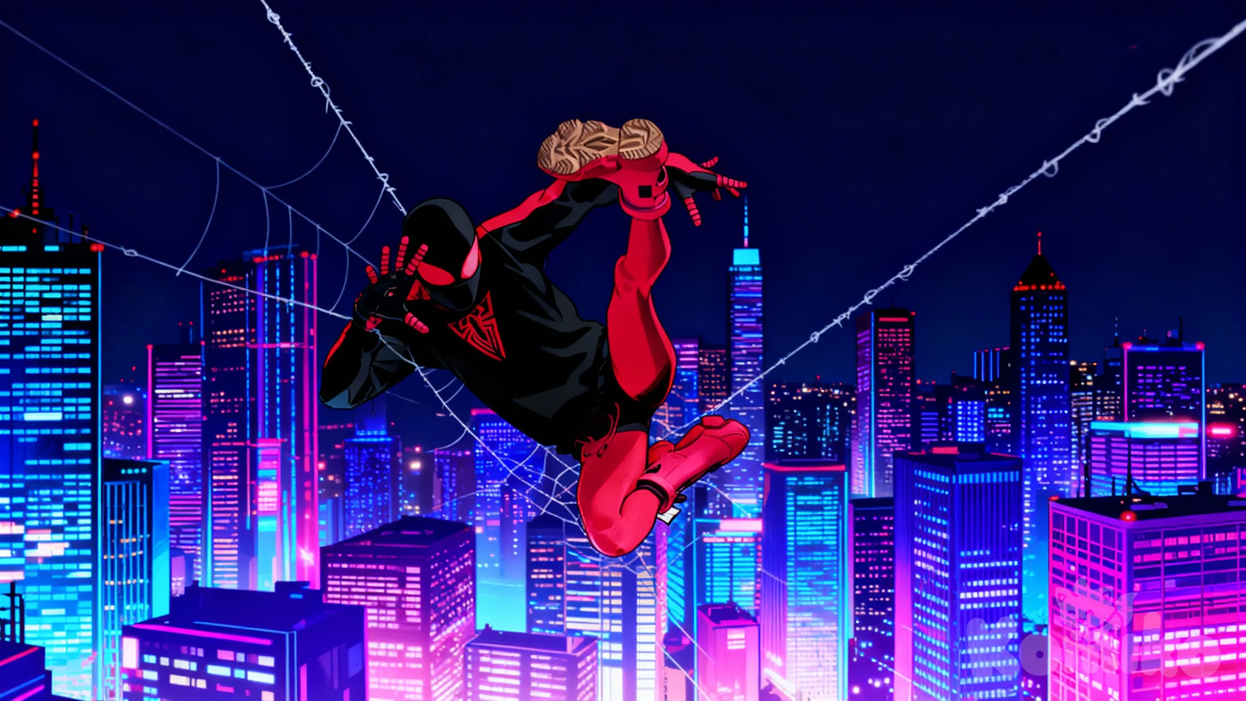 1000002737 character flying on a web, a cool pose for flying on a web, dynamic flight angles, a night city , a character looking around while flying on a web, manhwa style