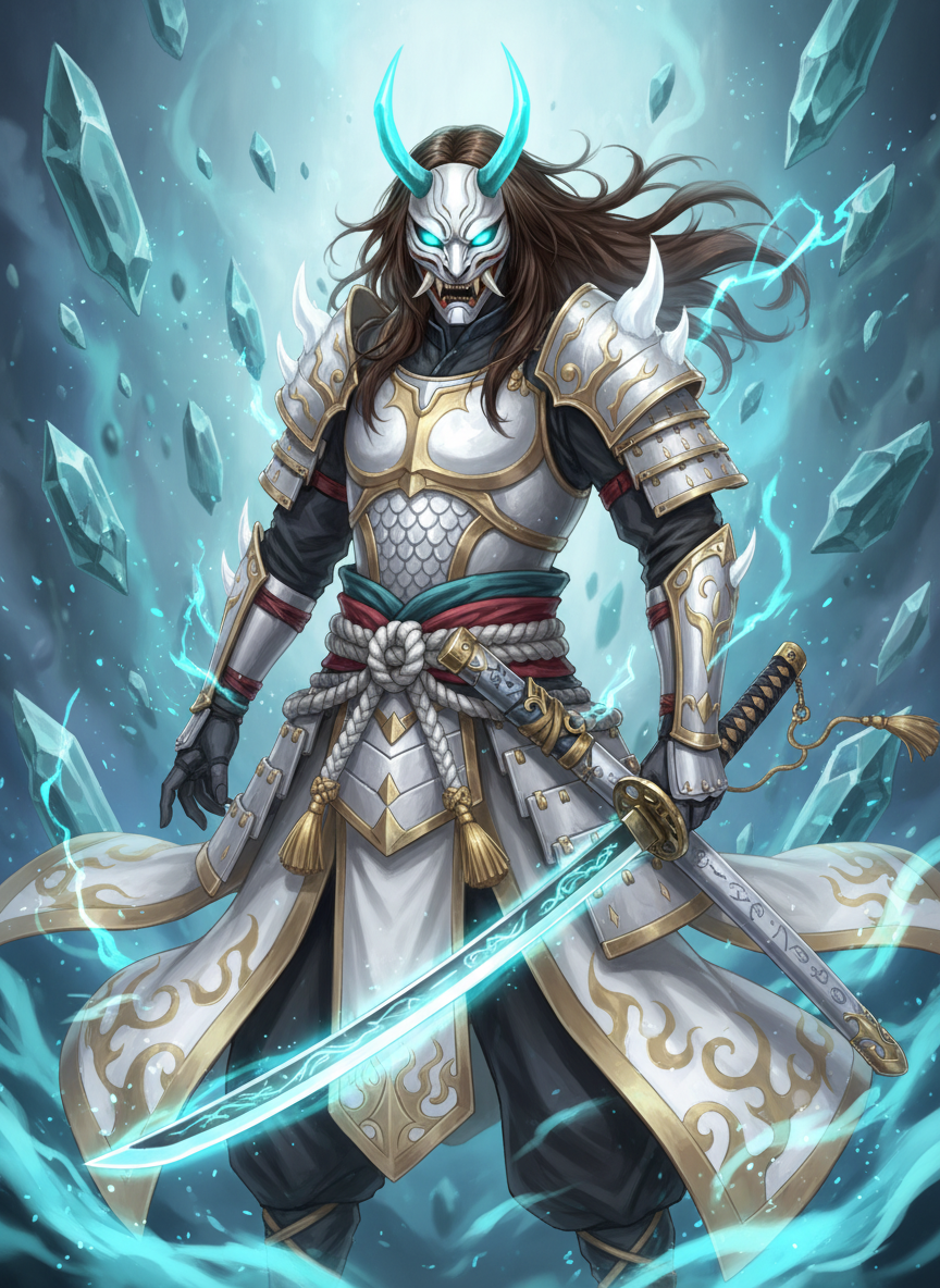 dark_brown", "length": "long", Ghost oni               "style": "loose", "highlight": "none" }, "mask": { "type": "oni", "color": "white", "horns": { "count": 2, "color": "turquoise", "glow": true }, "eyes": { "glow_color": "bright_blue", "intensity": "high" }, "teeth": "sharp", "expression": "menacing" }, "armor": { "style": "samurai_with_mystical_elements", "primary_color": "white", "accent_color": "gold", "energy_color": "turquoise", "components": { "shoulder_pads": { "shape": "angular", "decoration": "flame_patterns" }, "forearm_guards": { "material": "metal", "details": "gold_inlays" }, "chest_plate": { "texture": "dragon_scale", "color": "white", "highlights": "gold" }, "belt": { "type": "rope", "knot": "complex", "tassels": "gold" }, "pants": { "pattern": "flame_swirls", "colors": ["white", "turquoise", "gold"] } } }, "weapon": { "type": "katana", "blade": { "length": "long", "curve": "moderate", "runes": "turquoise_energy_symbols" }, "handle": { "wrap": "dark_cloth", "inlays": "gold" }, "sheath": { "decoration": "flame_and_symbol_engravings" }, "energy_effect": { "color": "light_blue", "type": "aura", "intensity": "medium" } }, "background_effects": { "shards": "floating_crystal_fragments", "energy_aura": "swirling_turquoise_mist", "lightning": "subtle_blue_sparks" } }}, anime style