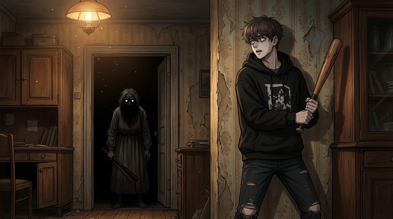 The location is an old cozy Soviet house inside., 1000003109 He hides behind the wall, his face expresses fear and panic, A pose where he presses close to the wall, both hands holding the bat, he prepares to swing to make a hit, 

1000003108An old woman stands near the doorway, her face is hidden by shadows, her eyes are shining white in the dark, she holds a bloody stick in her hand, hunched over, she is looking for 1000003109

, anime style