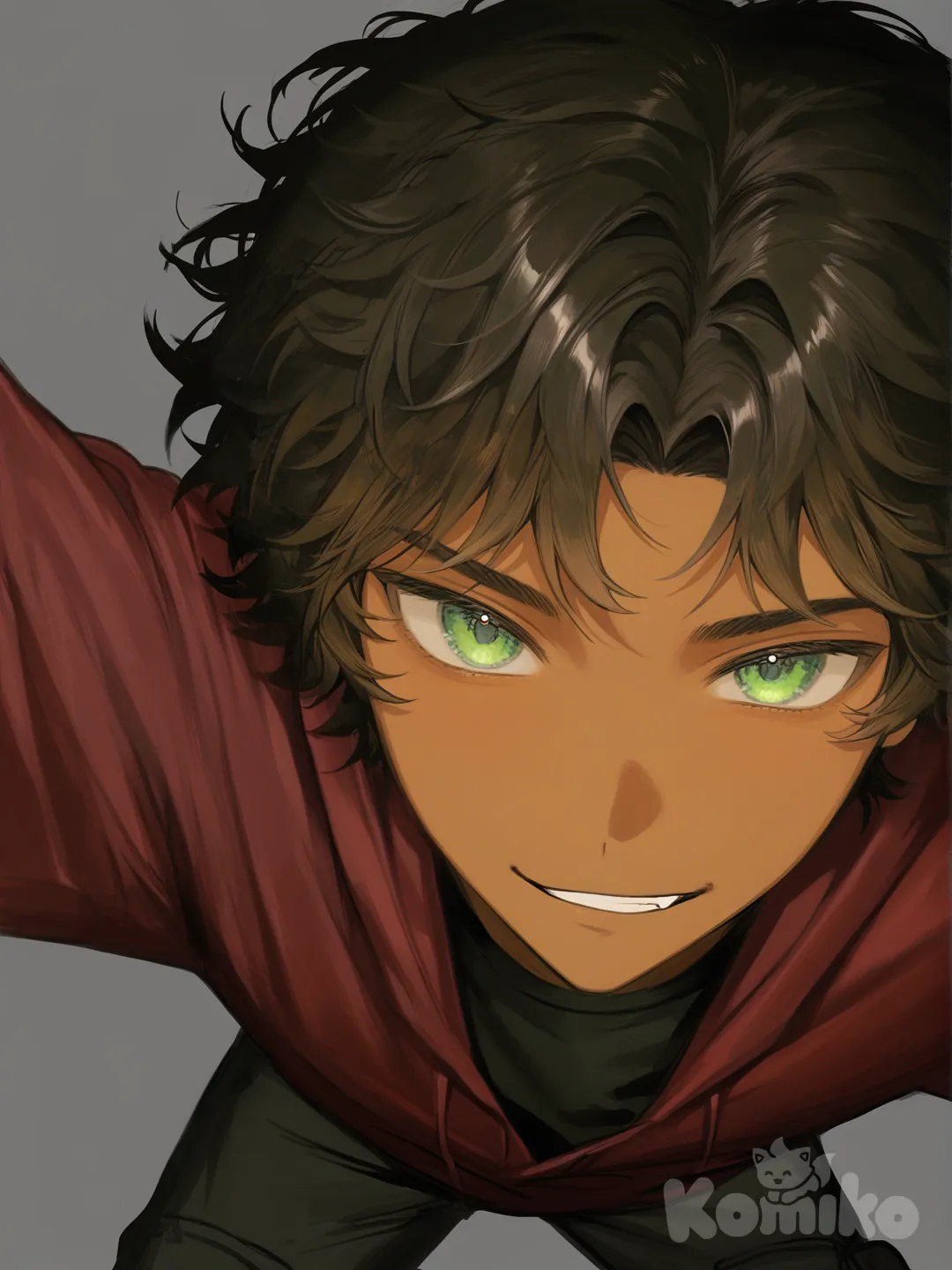 1boy, selfie, smirk , Black shirt, burgundy hoodie with open hood, plain clothes, black cargo pants, black military boots, short black hair, straight and wavy, portrait, looking at viewer, clean background, green eyes, brown skin, kawaii, [moody-glow-style]