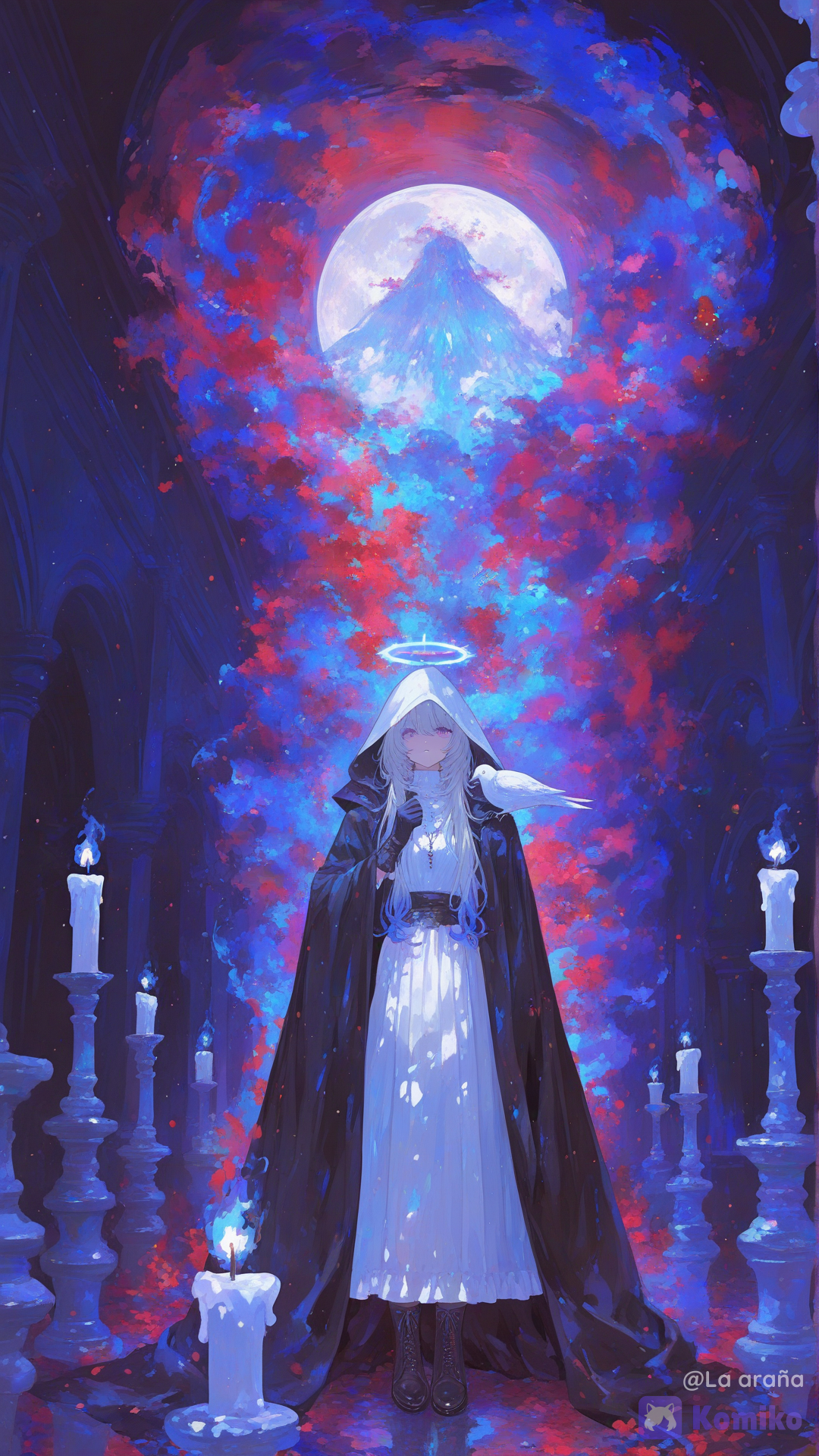 1个女孩，单人，全身像，原创角色，死神，站立，黑色兜帽斗篷，飘逸的黑色长袍，优雅的白色连衣裙，宽边白帽，黑色长发，发梢渐变为多种颜色，紫色眼睛，温柔的微笑，紧闭的嘴唇，黑色手套，优雅的高跟靴，巨大的幽灵镰刀，闪耀着虚幻光芒的武器，蓝色的灵魂火焰，超自然的光芒，灵魂粒子，漂浮的灵魂碎片，神秘的符文，发光的光环，一只白色羽毛的小鸟栖息在她的肩上，蓝色的火焰，蜡烛，满月，盛开的白色花朵，波光粼粼的水面，黑暗奇幻，神秘的氛围，电影级光照，体积光照，杰作，最佳品质，高度精细，动漫风格，8K，()，绝对的杰作，最佳品质，超精细的8K动漫插画，极其复杂的细节，令人叹为观止的美丽，高度精细，清晰的焦点，荒诞，极其精细的服装和配饰，复杂的图案，丰富的纹理，戏剧性的电影级光照，强烈的轮廓光立体感十足的神光、闪烁的粒子、光泽湿润的肌肤，高光和反射效果强烈，完美无瑕的光滑肌肤，鲜艳饱满的色彩，干净利落的线条，锐利的线条，景深效果，专业的动漫插画，甜美绘画风格的强化，强烈的氛围，惊艳的构图，动态的光影效果, [sweet-painting-style]