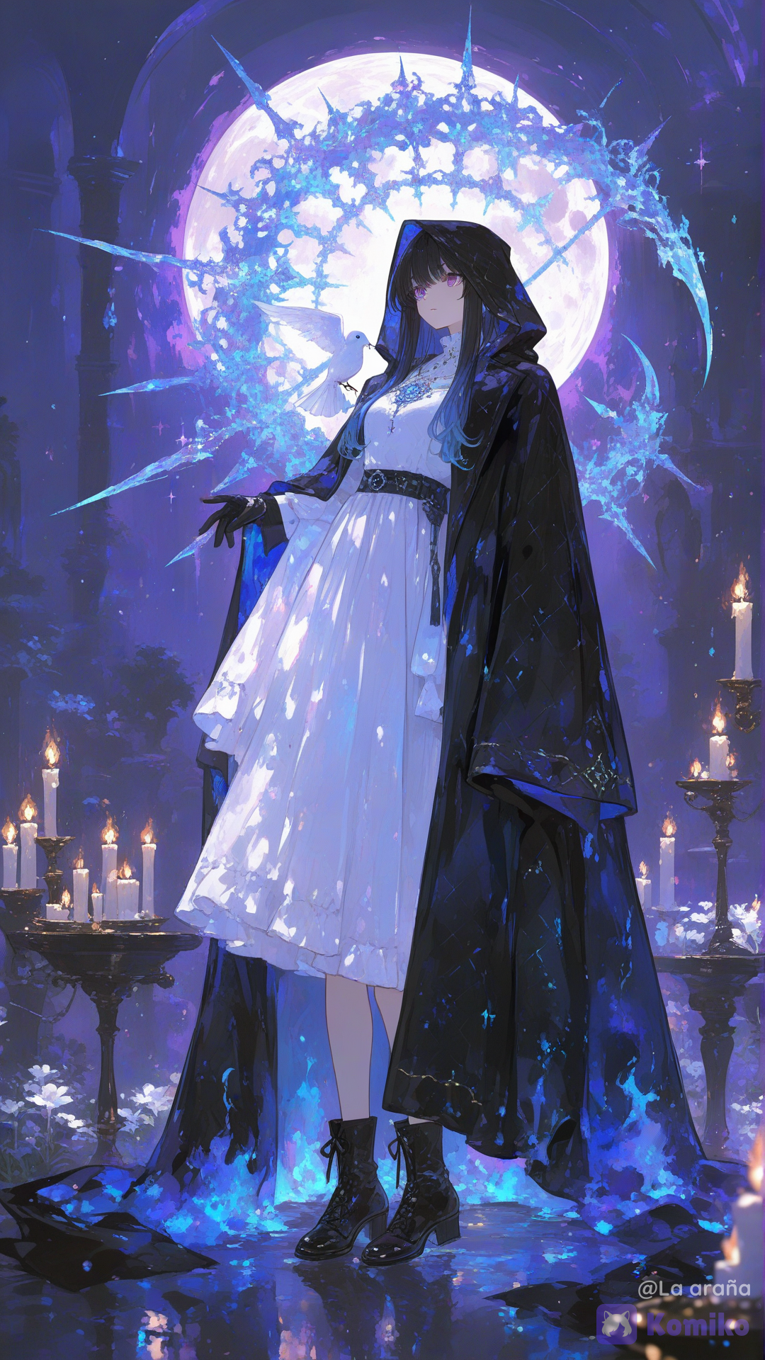 1个女孩，单人，全身像，原创角色，死神，站立，黑色兜帽斗篷，飘逸的黑色长袍，优雅的白色连衣裙，宽边白帽，黑色长发，发梢渐变为多种颜色，紫色眼睛，温柔的微笑，紧闭的嘴唇，黑色手套，优雅的高跟靴，巨大的幽灵镰刀，闪耀着虚幻光芒的武器，蓝色的灵魂火焰，超自然的光芒，灵魂粒子，漂浮的灵魂碎片，神秘的符文，发光的光环，一只白色羽毛的小鸟栖息在她的肩上，蓝色的火焰，蜡烛，满月，盛开的白色花朵，波光粼粼的水面，黑暗奇幻，神秘的氛围，电影级光照，体积光照，杰作，最佳品质，高度精细，动漫风格，8K，()，绝对的杰作，最佳品质，超精细的8K动漫插画，极其复杂的细节，令人叹为观止的美丽，高度精细，清晰的焦点，荒诞，极其精细的服装和配饰，复杂的图案，丰富的纹理，戏剧性的电影级光照，强烈的轮廓光立体感十足的神光、闪烁的粒子、光泽湿润的肌肤，高光和反射效果强烈，完美无瑕的光滑肌肤，鲜艳饱满的色彩，干净利落的线条，锐利的线条，景深效果，专业的动漫插画，甜美绘画风格的强化，强烈的氛围，惊艳的构图，动态的光影效果, [sweet-painting-style]