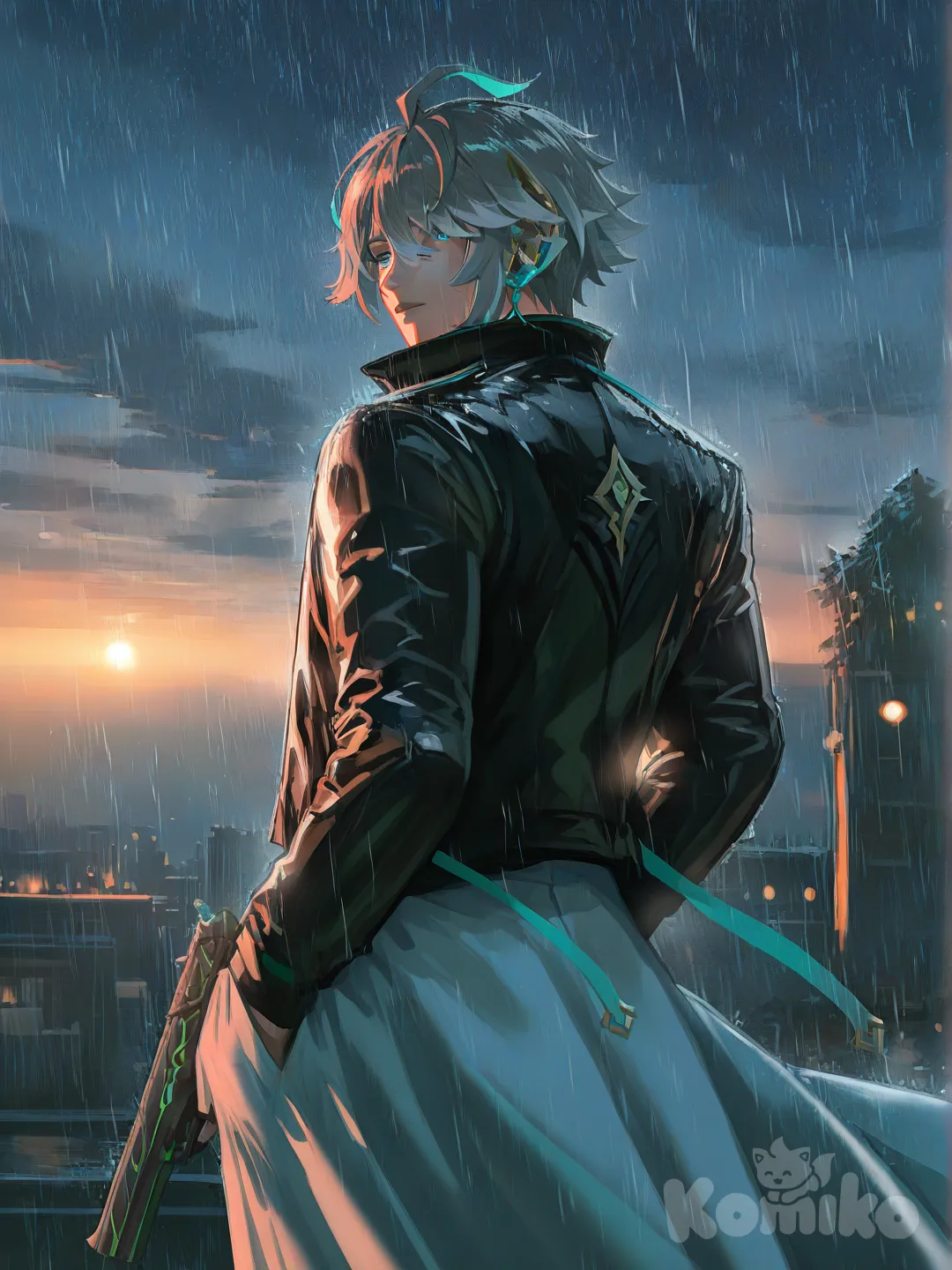 @Alhaitham_(Genshin_Impact), [radiant-coating-style], holding gun, hands in pockets, looking back, head tilt, lab coat, leather jacket, twilight, cinematic lighting, rainy, starry sky, looking at viewer