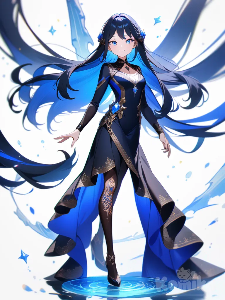 1girl, long flowing hair, ocean-blue eyes, slender build, gentle smile, intricate tattoo, elegant attire, delicate jewelry, youthful aura, mystical charm, single character, full body, looking at viewer, anime style, simple background, white background