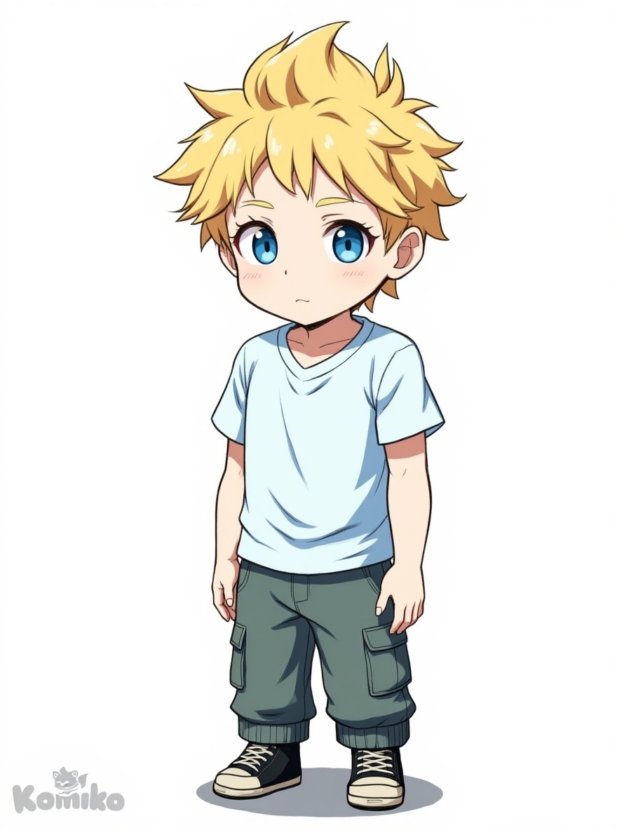 1boy, 45e9739f-7825-430c-b992-fb481bf0ea8f, anime coloring, mature, muscular, blonde hair, mohawk, blue eyes, fair skin, t-shirt, cargo pants, casual pants, single character, full body, looking at viewer, anime style, simple background, white background