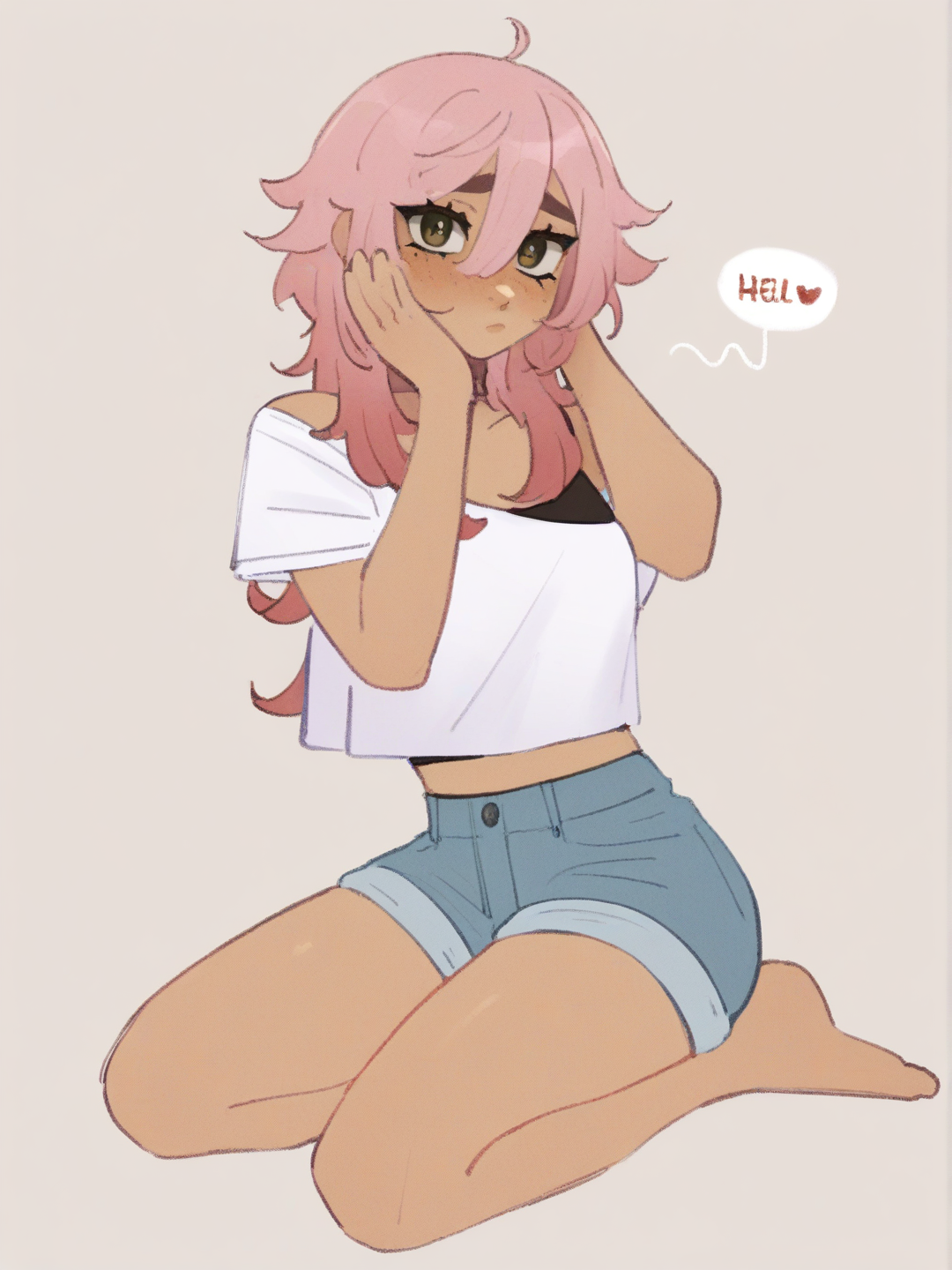 [soft-shaded-moe-style] 1girl, pink_hair, brown_skin, shy, shorts, crop_top, single character, full body, looking at viewer, anime style, simple background, white background