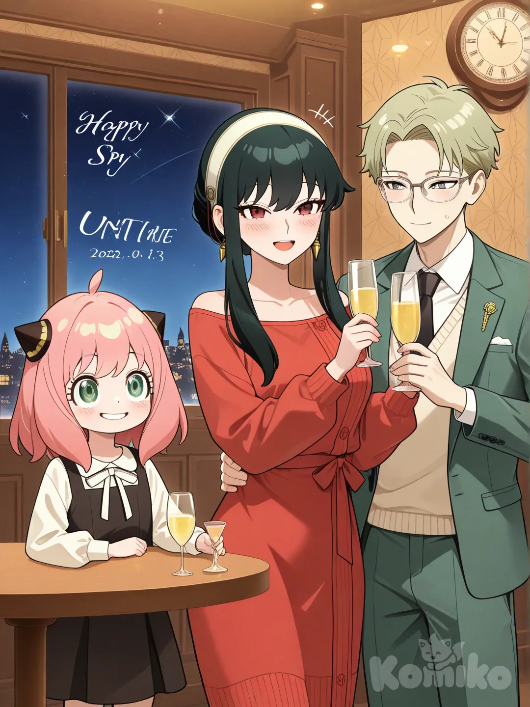 @Anya_(Spy_X_Family), @Twilight_(Spy_X_Family), @Yor_Briar brindando a media noche.