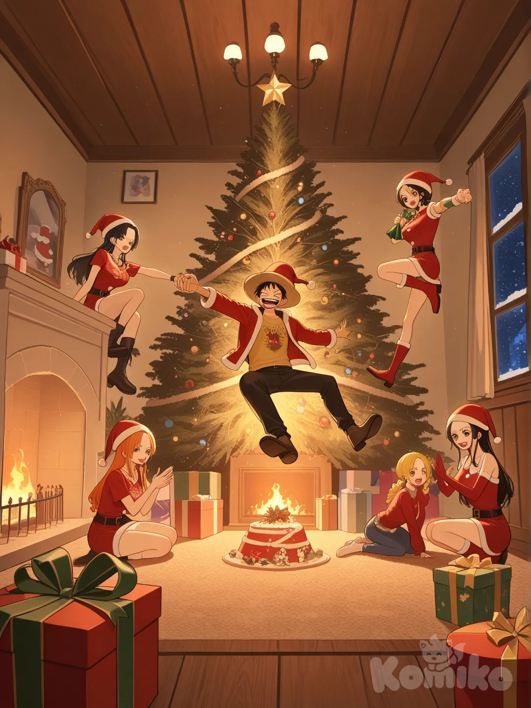 Los mugiwaras celebrando juntos la navidad