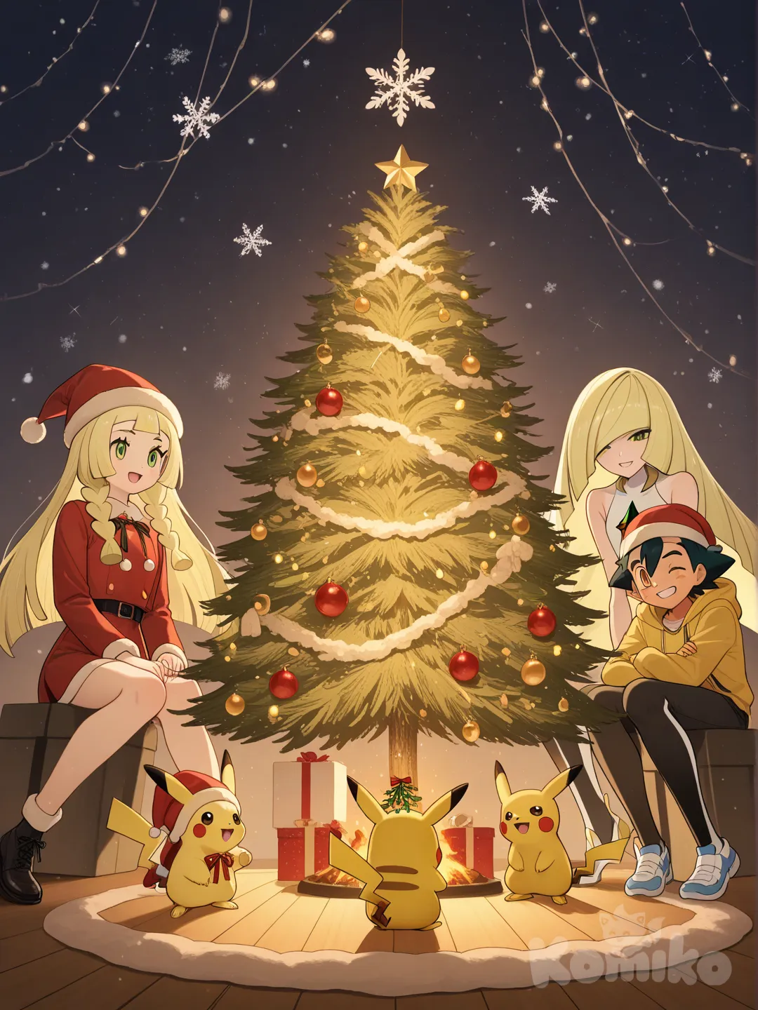 Ash_Ketchum, Lillie_(Pokemon), Pikachu, Lusamine_(Pokemon) navidad.