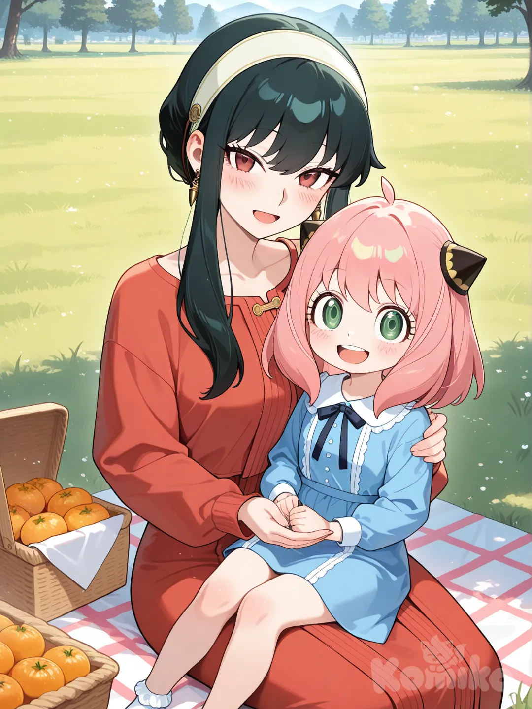 @Anya_(Spy_X_Family), @Yor_Briar, singing, sitting on lap, picnic